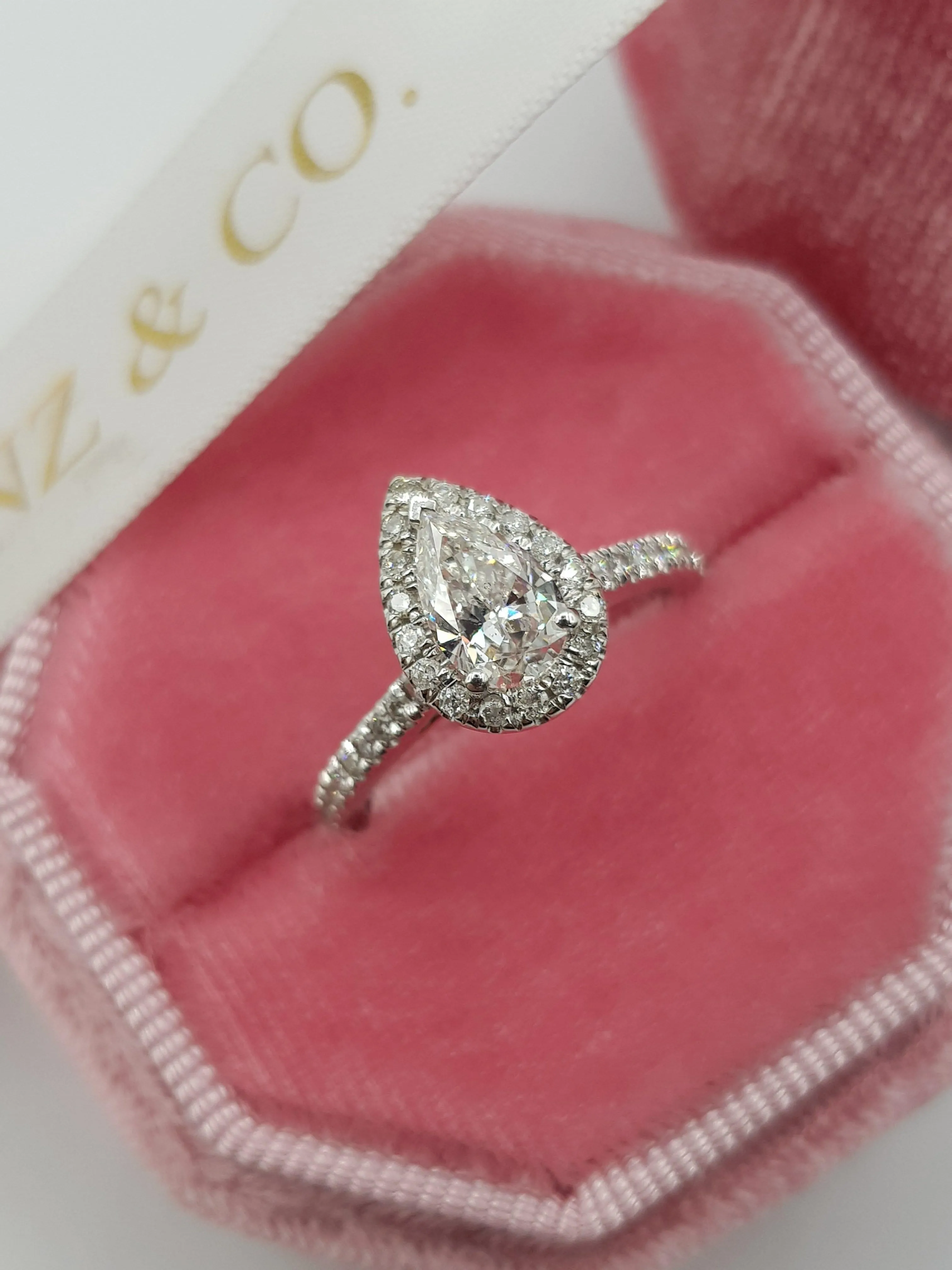 1.20 Carats Pear Shaped Halo Micropaved Diamond Engagement Ring