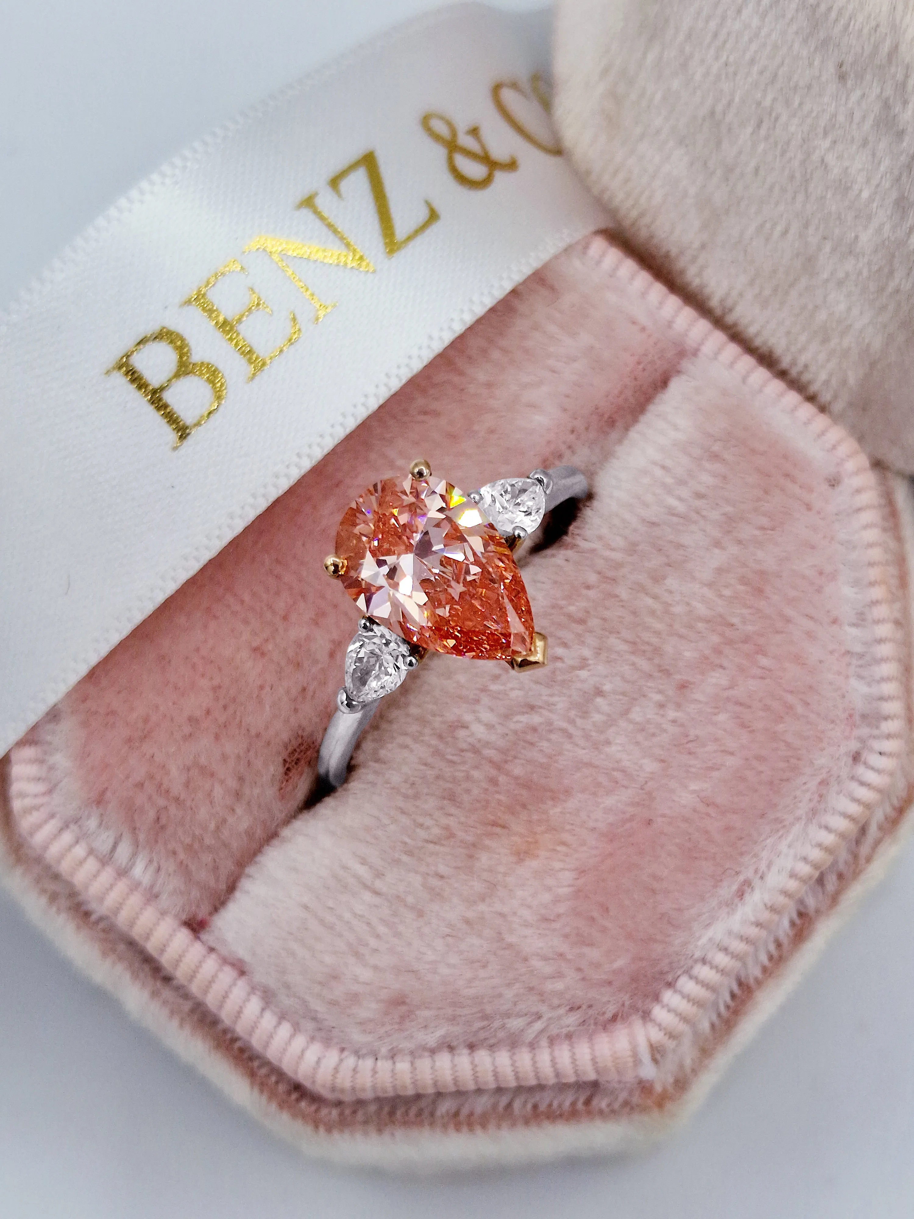 2.31 Carats Lab Grown Fancy Vivid Pink Pear Shaped with Pear Side Stones Diamond Engagement Ring (Copy)