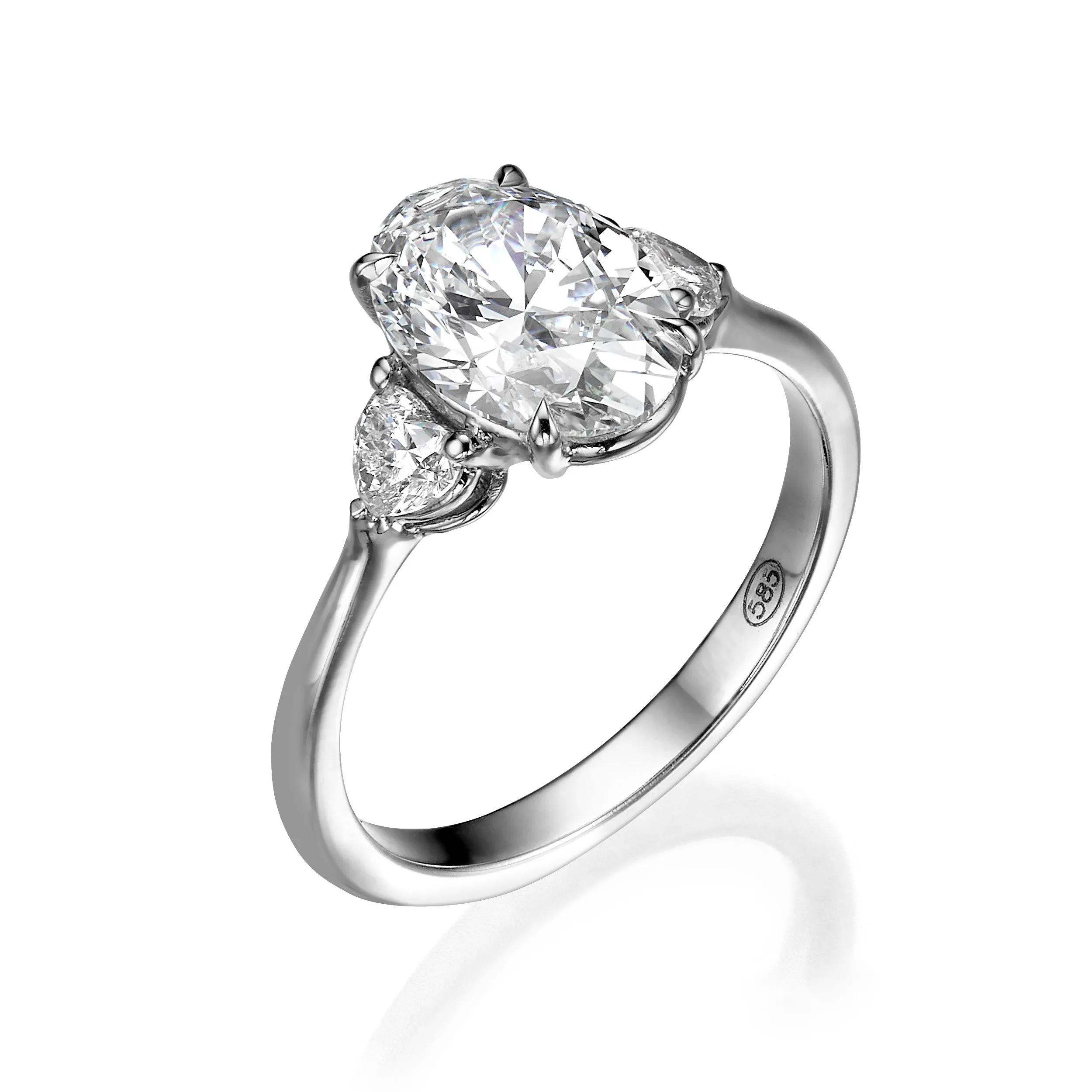 2.48 Carats Lab Grown Oval Cut with Heart Shape Side Stones Diamond Engagement Ring in White Gold