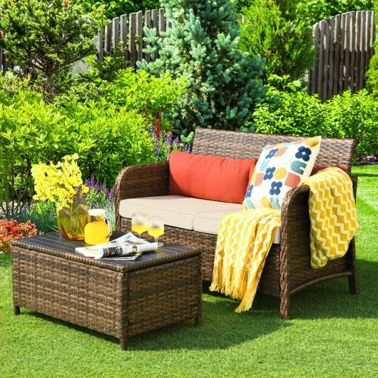 2Pcs Cushioned Patio Rattan Furniture Set