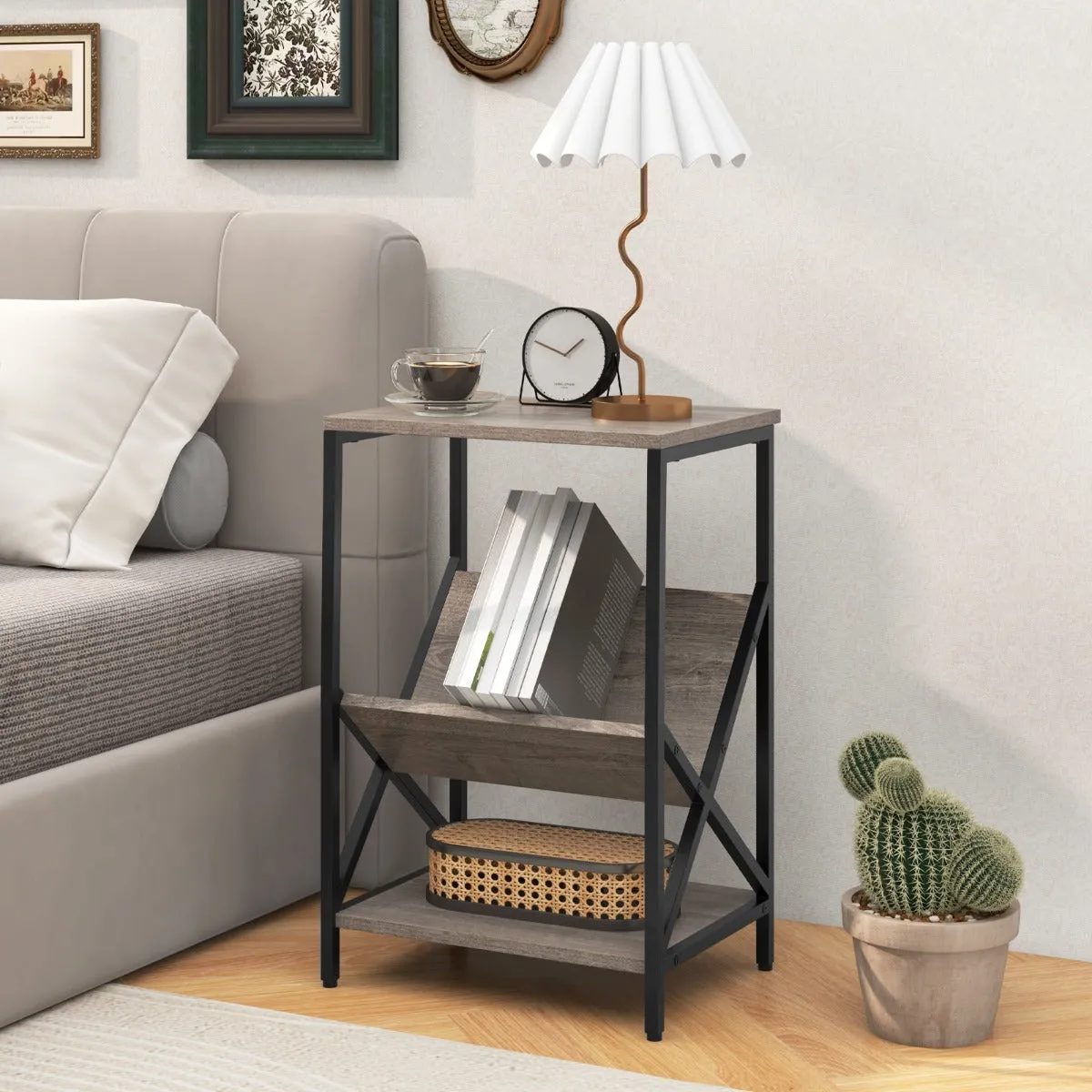 3-Tier Record Player Stand with V-Shaped Magazine Holder-Grey