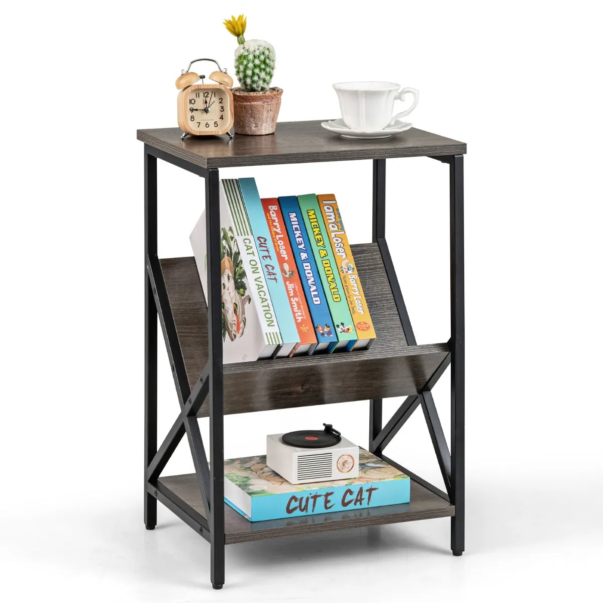 3-Tier Record Player Stand with V-Shaped Magazine Holder-Grey