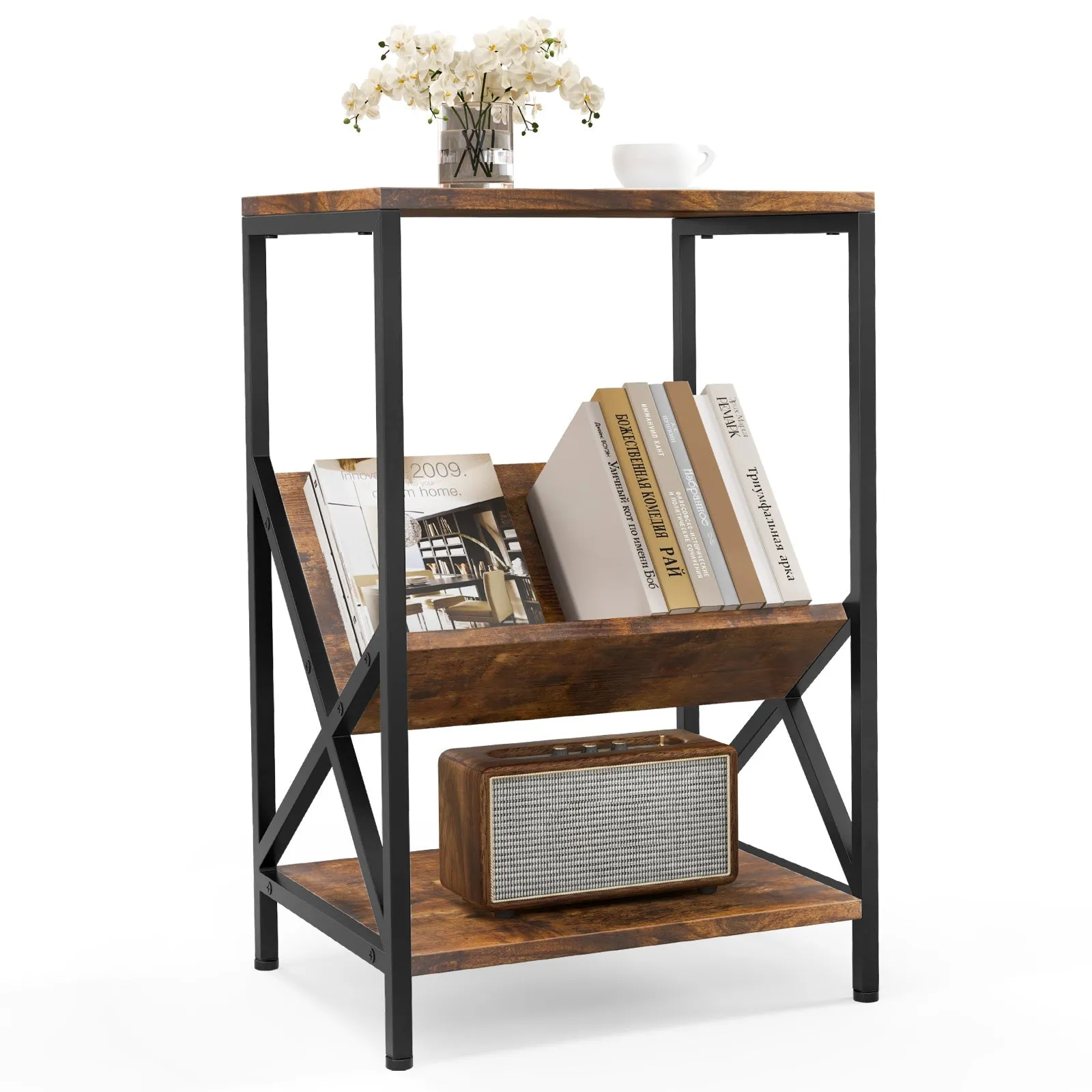 3-Tier Record Player Stand with V-Shaped Magazine Holder-Rustic Brown