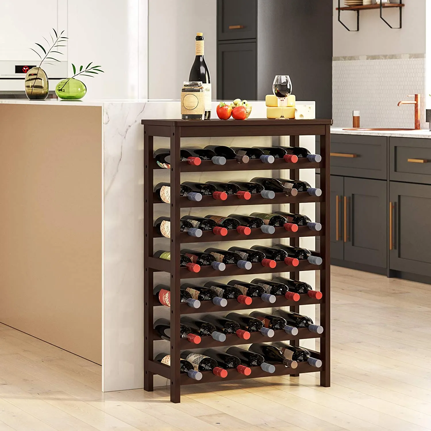 42-Bottle Wine Rack Free Standing Floor, 7-Tier Bamboo Wine Storage Shelves