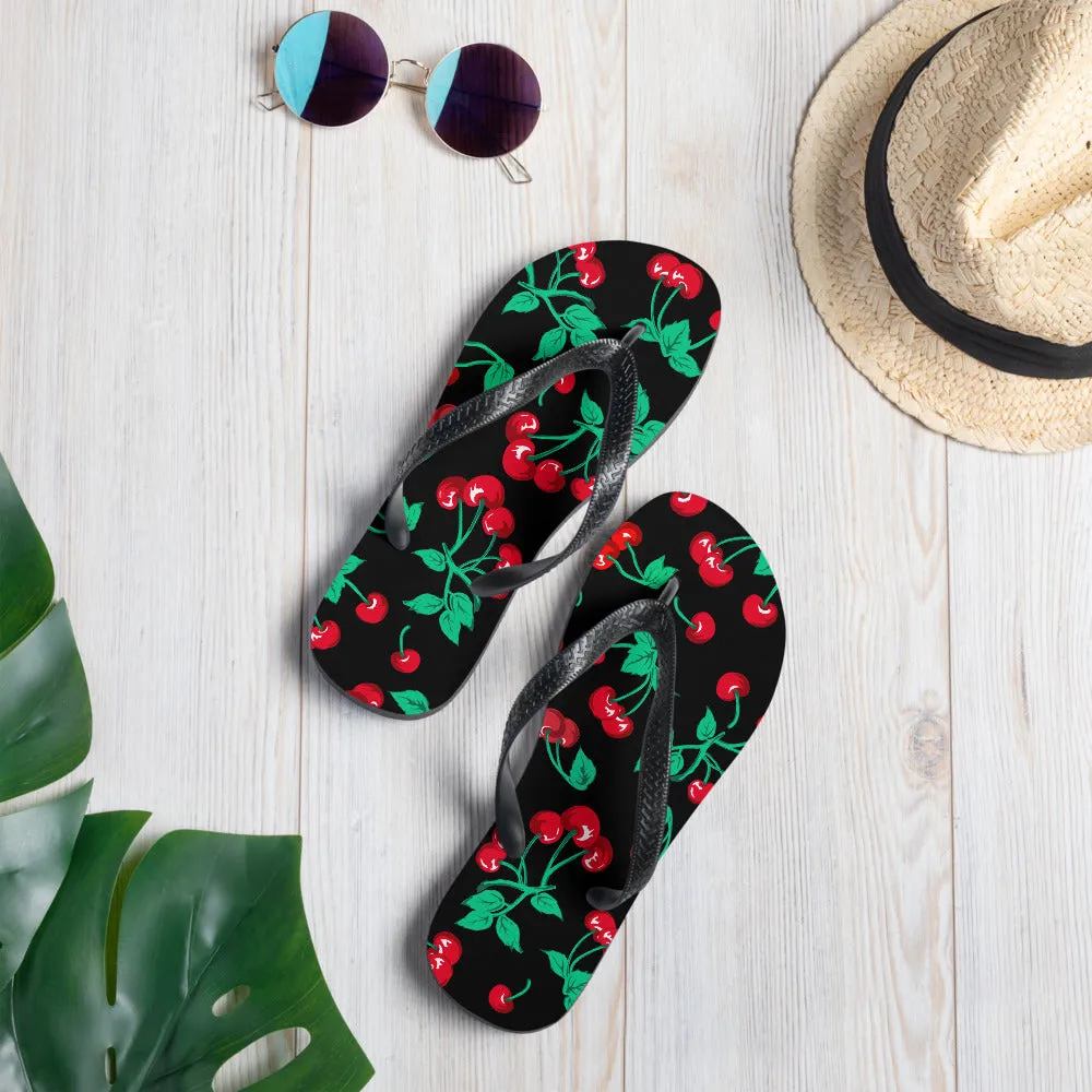 90s Vintage Thong Flip-Flop Beach Sandals in Black Cherry Print | Pinup Couture