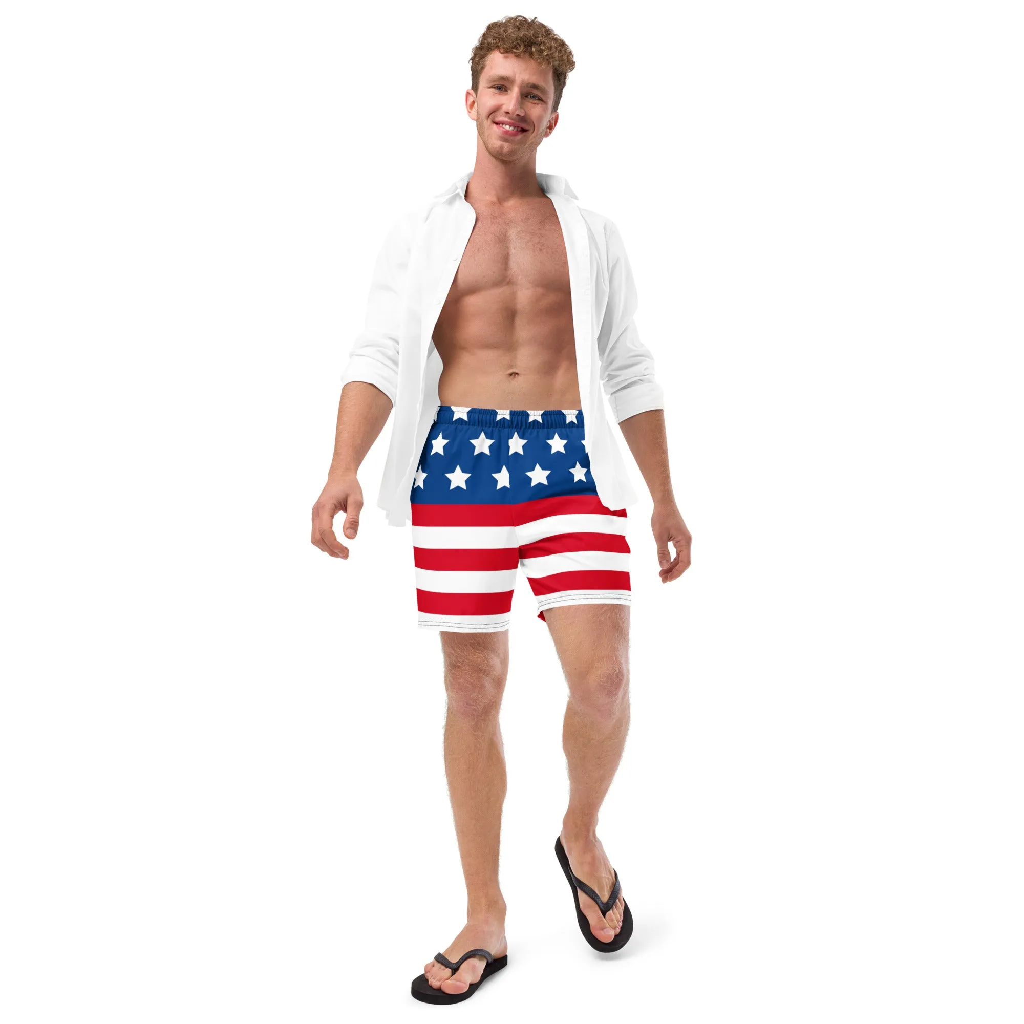 American Flag Men's Swim Trunks, Patriotic US Flag Print Cute Quick Drying Comfortable Swim Trunks For Men - Made in USA/EU/MX