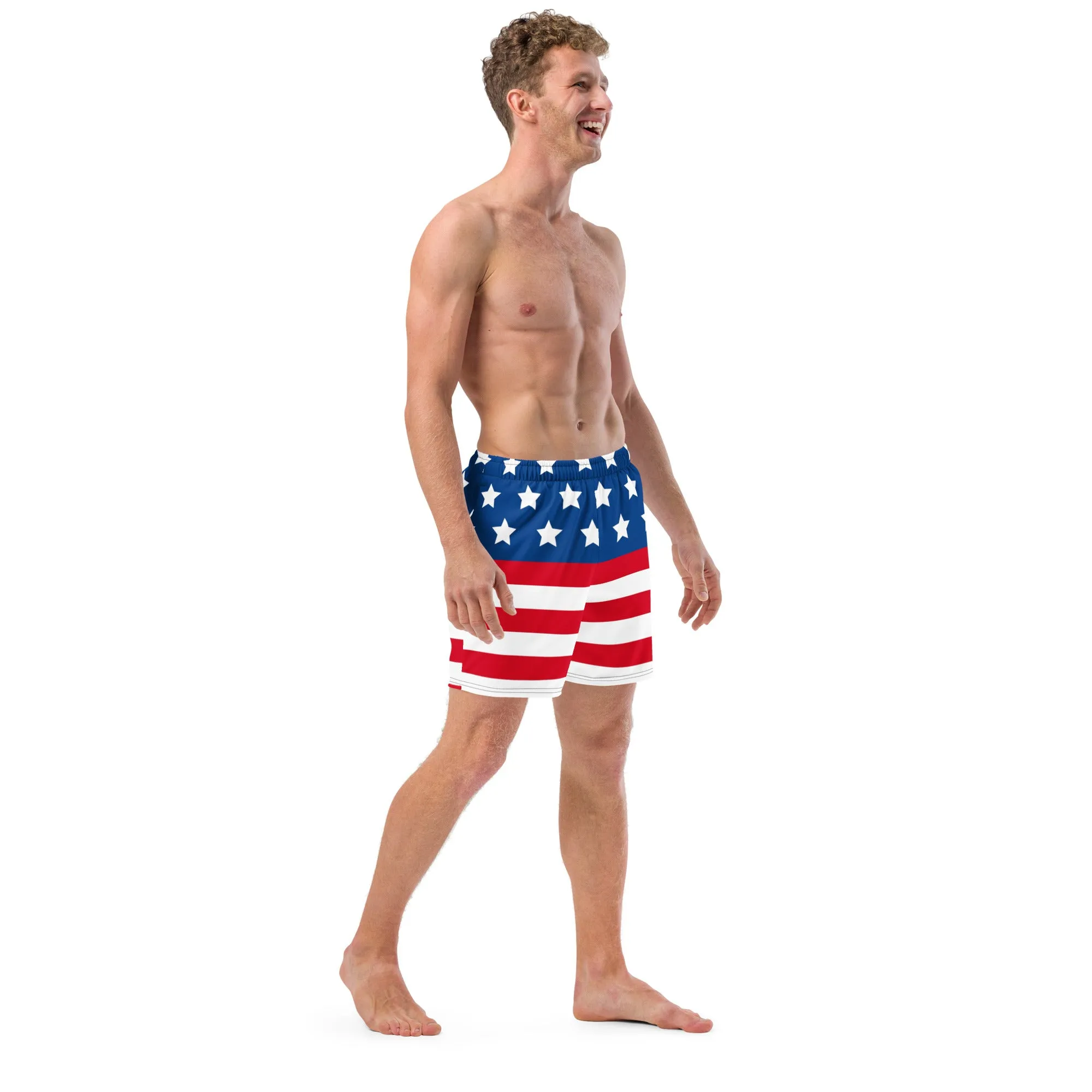 American Flag Men's Swim Trunks, Patriotic US Flag Print Cute Quick Drying Comfortable Swim Trunks For Men - Made in USA/EU/MX