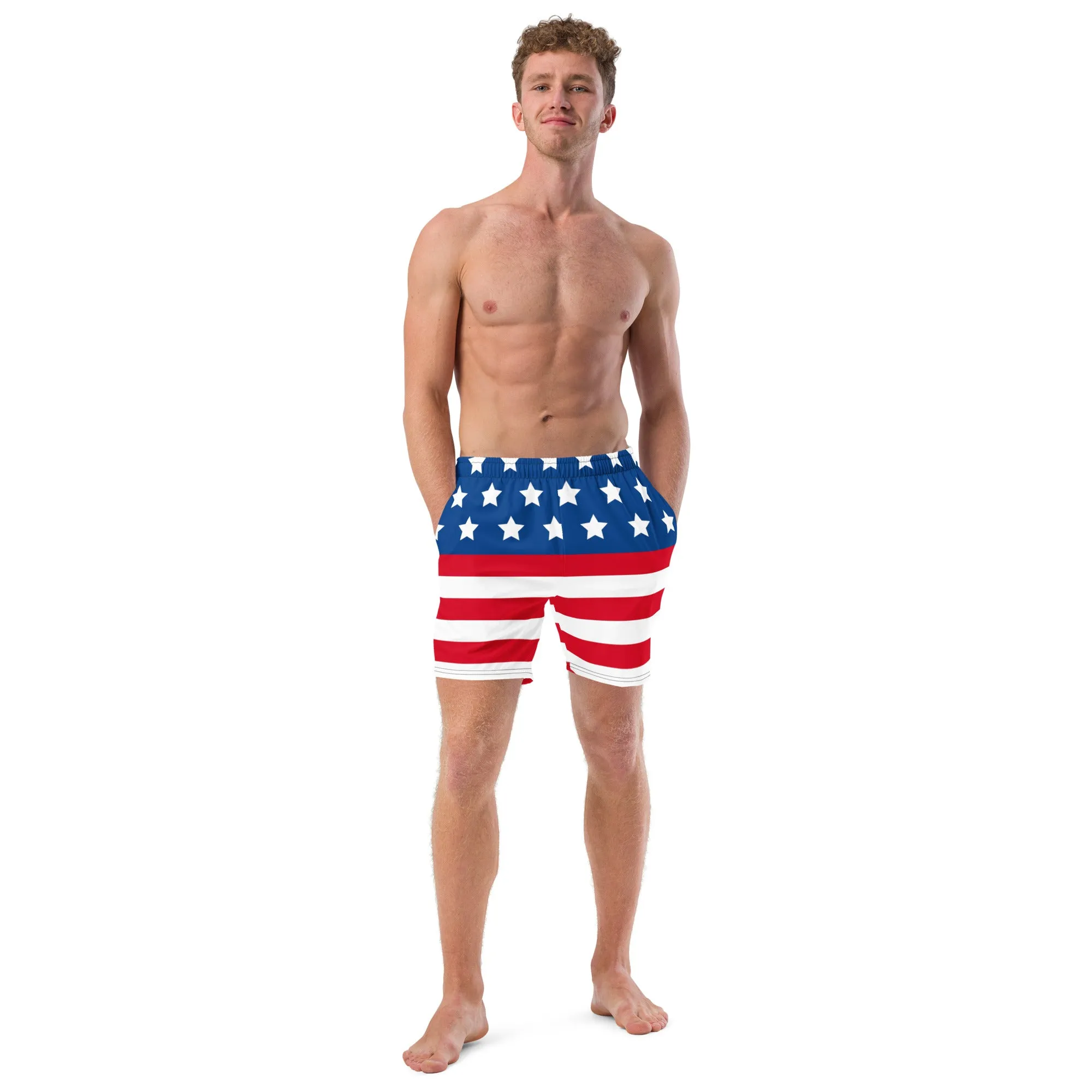 American Flag Men's Swim Trunks, Patriotic US Flag Print Cute Quick Drying Comfortable Swim Trunks For Men - Made in USA/EU/MX