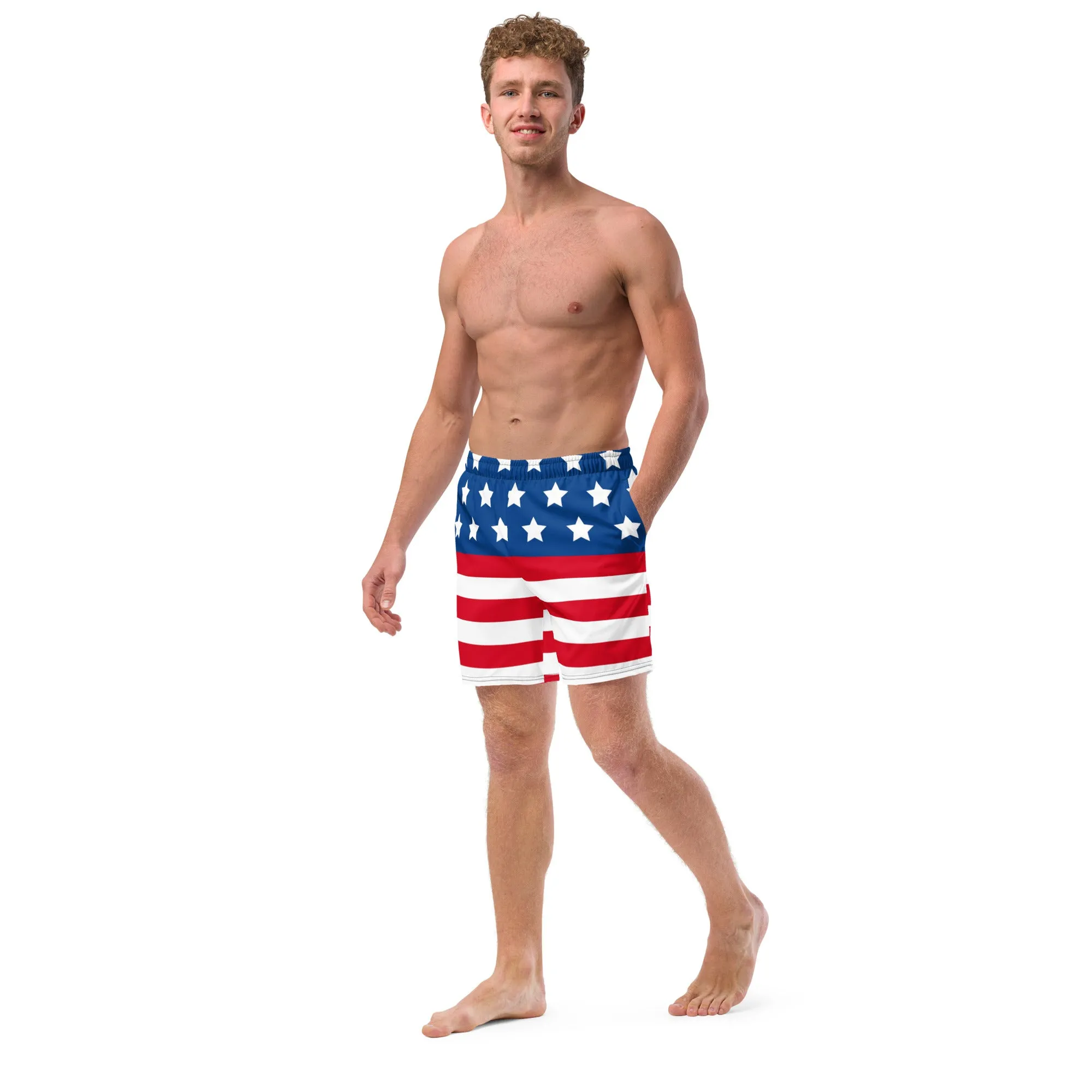 American Flag Men's Swim Trunks, Patriotic US Flag Print Cute Quick Drying Comfortable Swim Trunks For Men - Made in USA/EU/MX