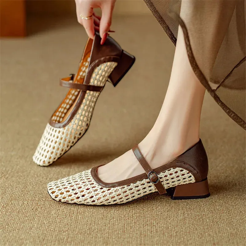 Amozae-Summer Hollow Out Women Pumps Mary Jane Shoes for Women Square Toe Gladiator Shoes Fashion Mixed Color Low Heel Zapatos Mujer