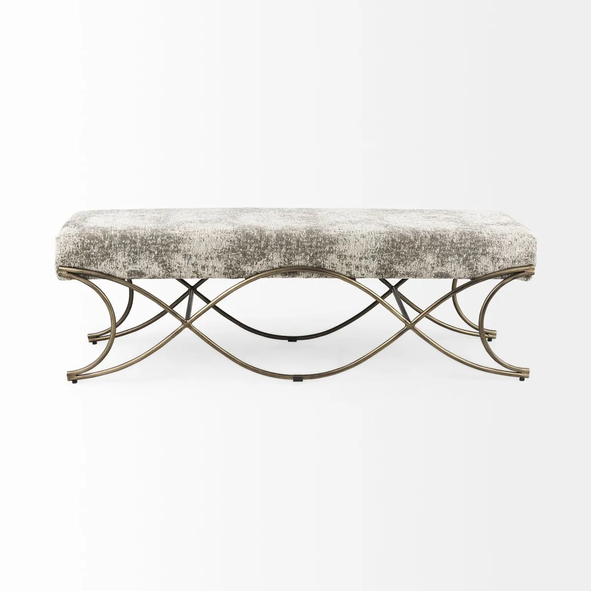 Ayla Bench Light/Dark Gray Fabric | Antique Gold