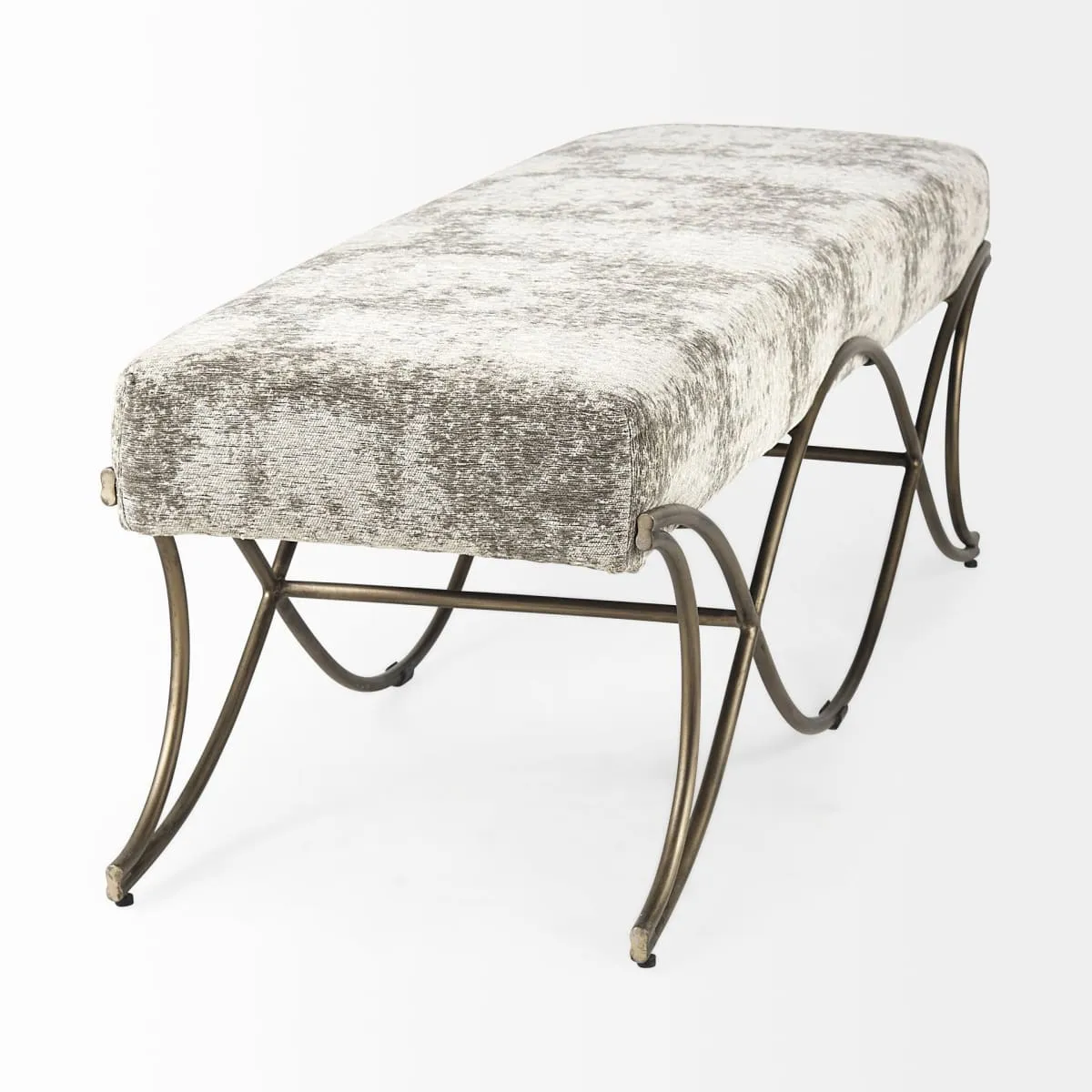 Ayla Bench Light/Dark Gray Fabric | Antique Gold