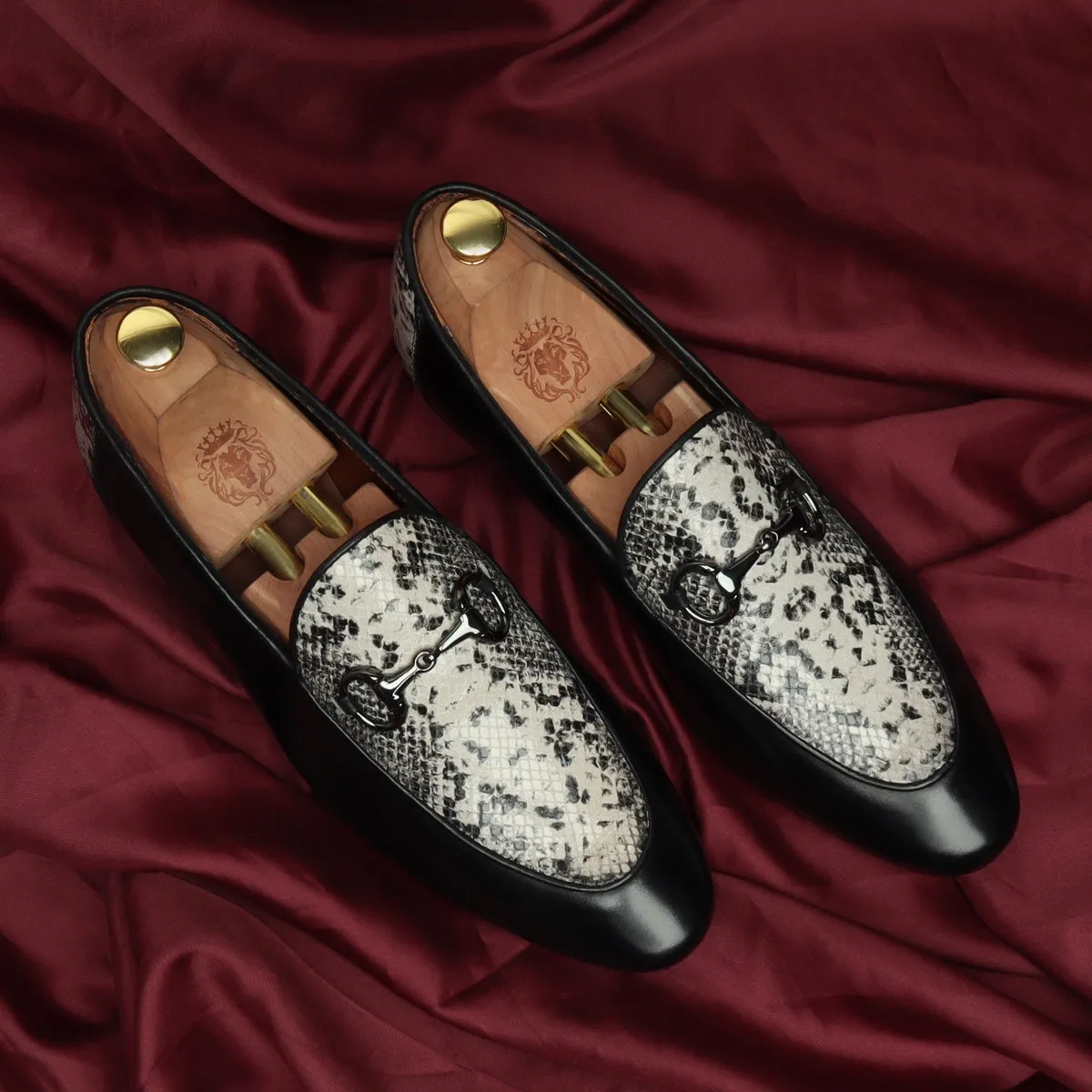 Black Horse-bit Leather Loafers With Snake Print at Vamp