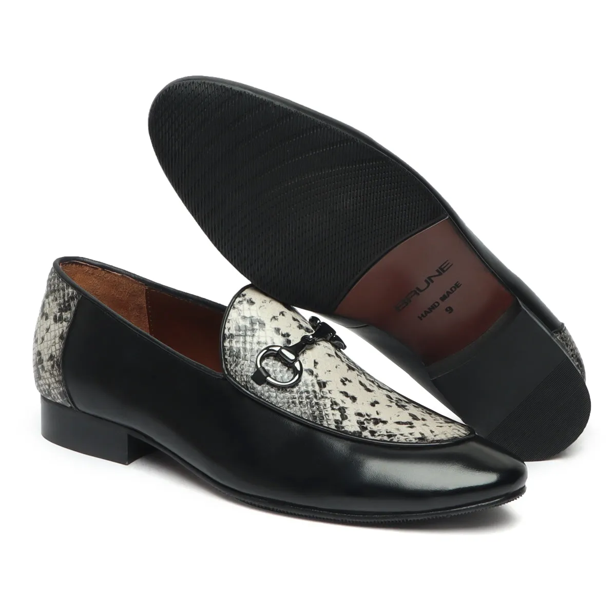 Black Horse-bit Leather Loafers With Snake Print at Vamp