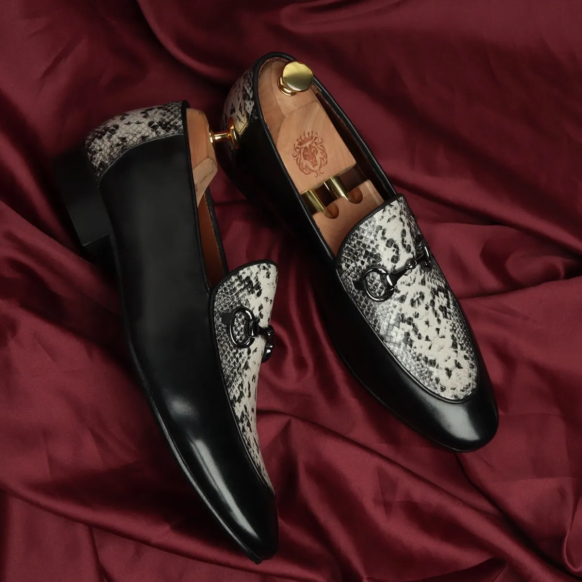 Black Horse-bit Leather Loafers With Snake Print at Vamp