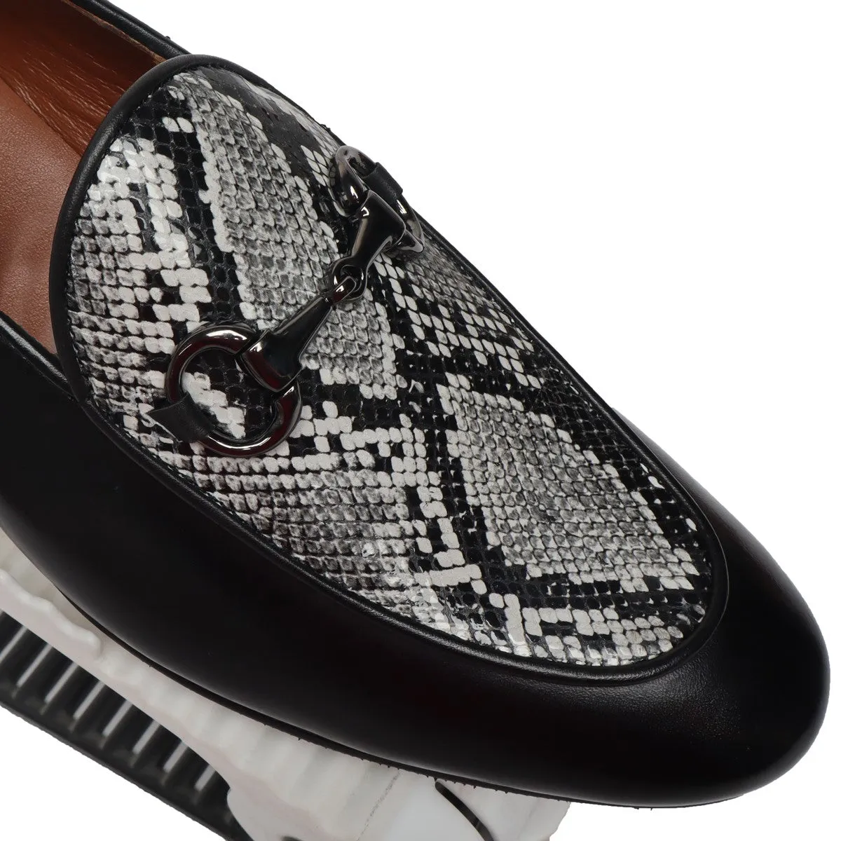 Black Horse-bit Leather Loafers With Snake Print at Vamp