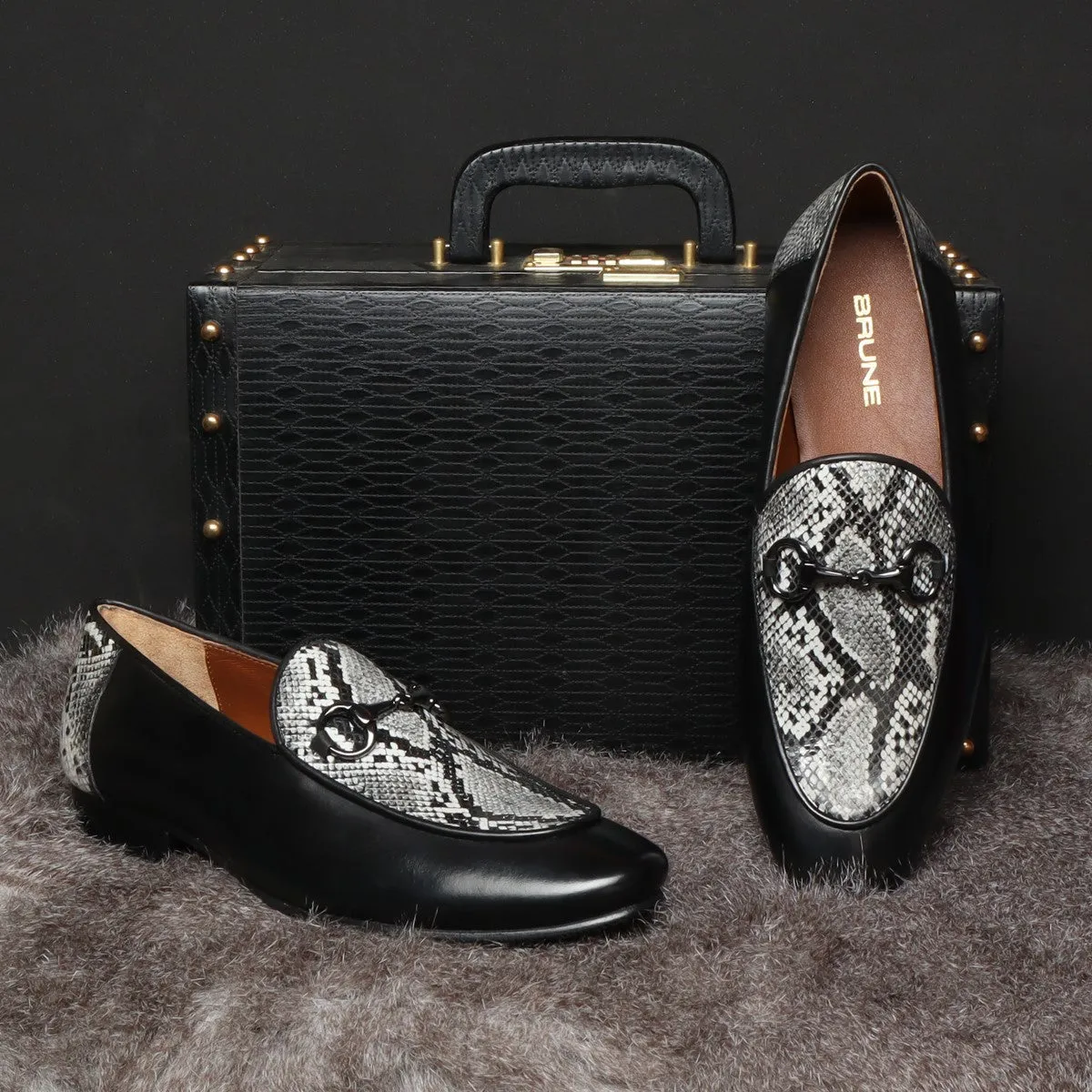 Black Horse-bit Leather Loafers With Snake Print at Vamp