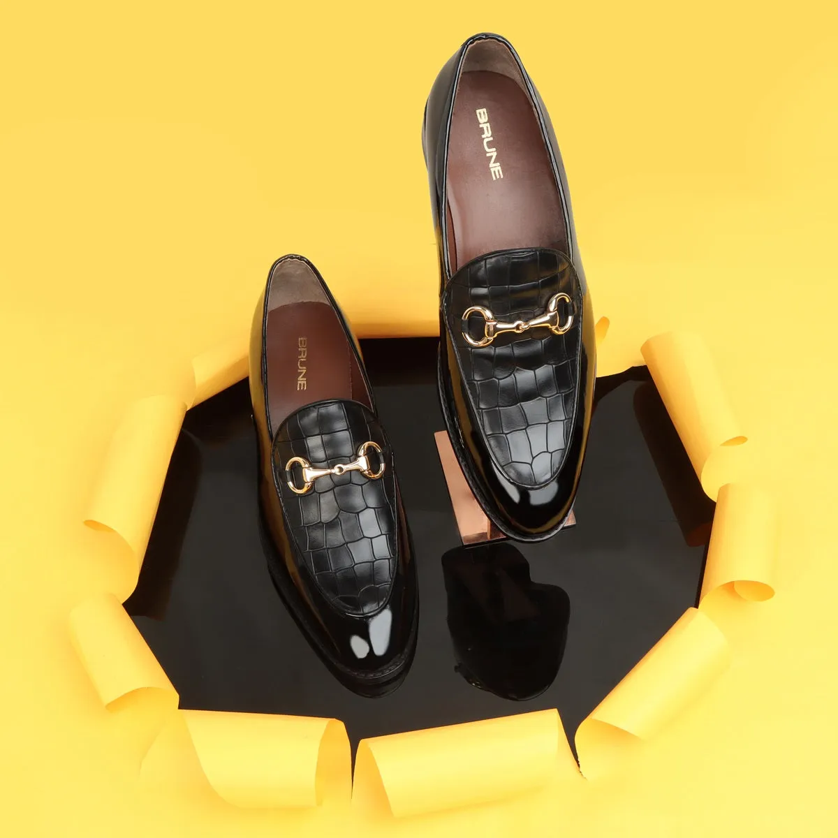 Black Patent Leather Loafer with Deep Cut Design at Vamp