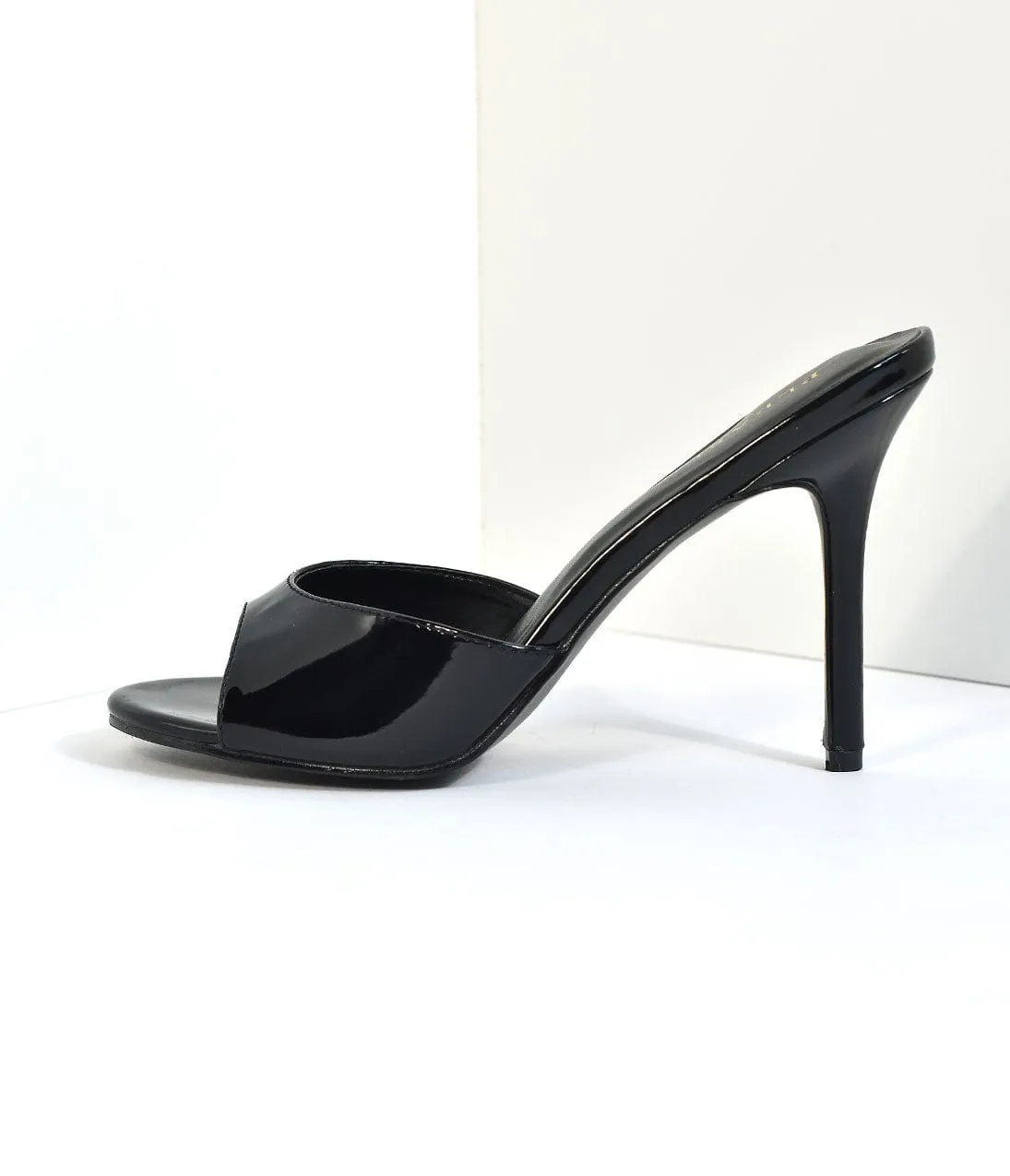 Black Patent Leatherette Peep Toe Slip On Heels