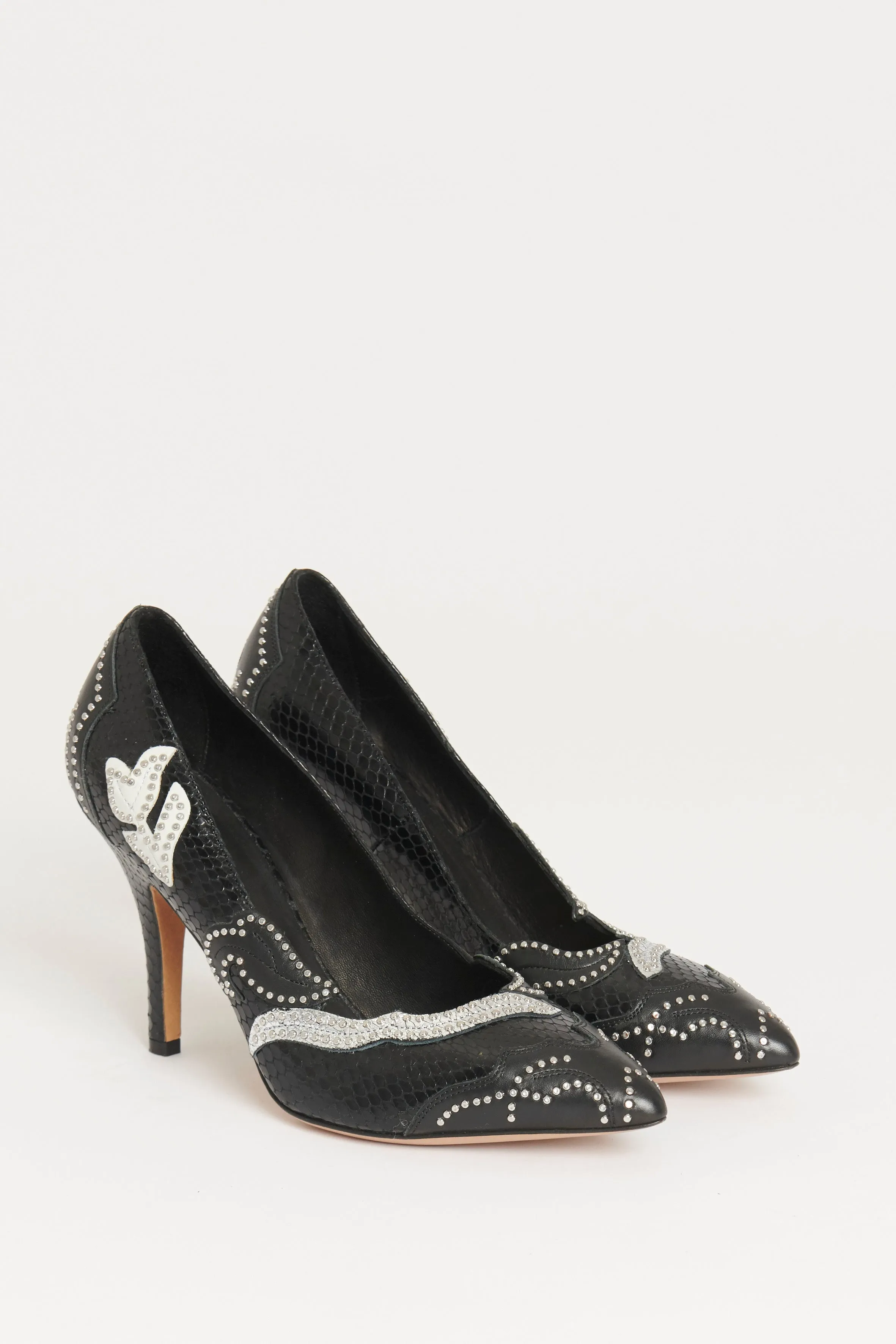 Black Snakeskin Embellished Patchwork Pumps