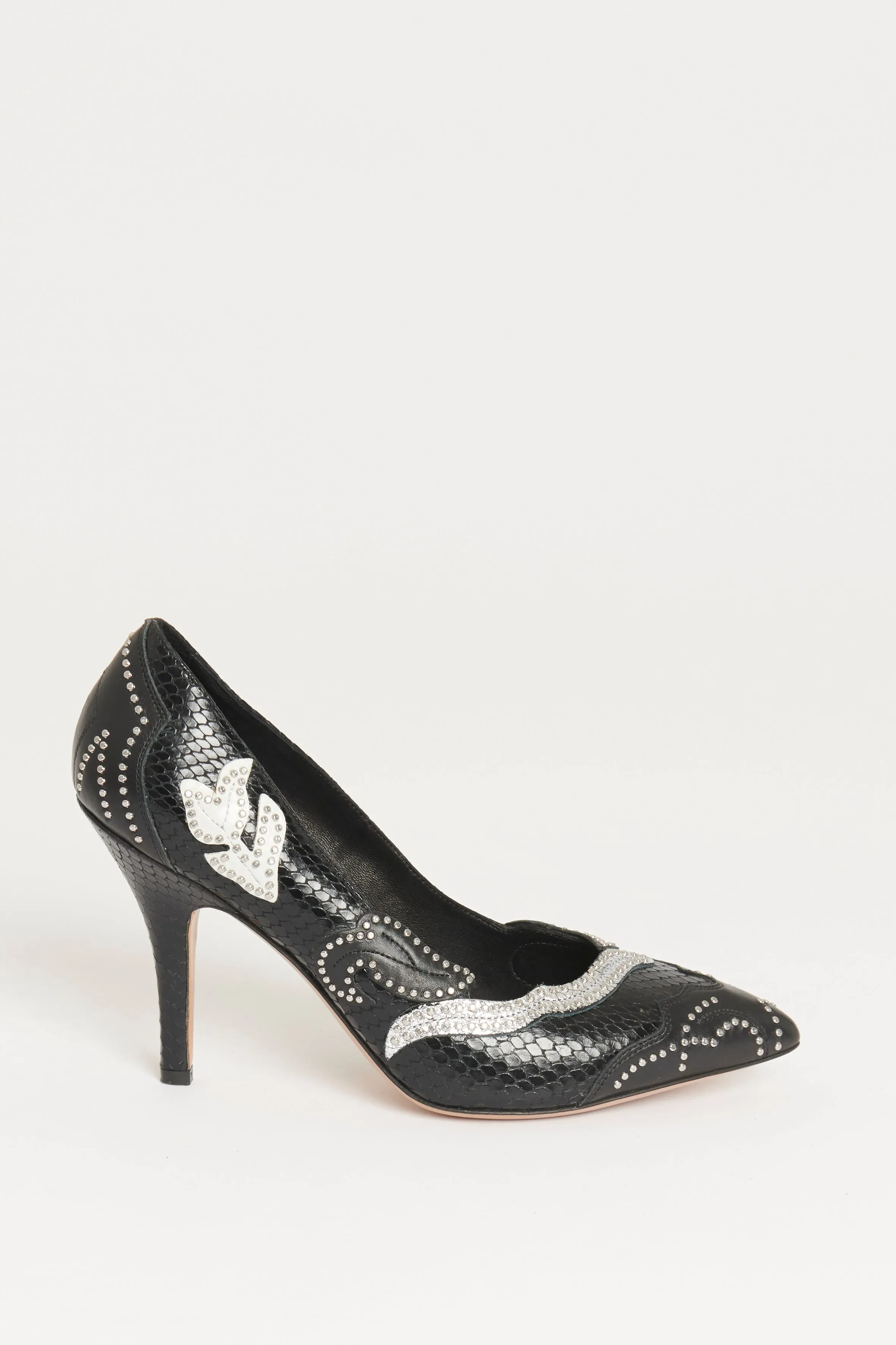 Black Snakeskin Embellished Patchwork Pumps