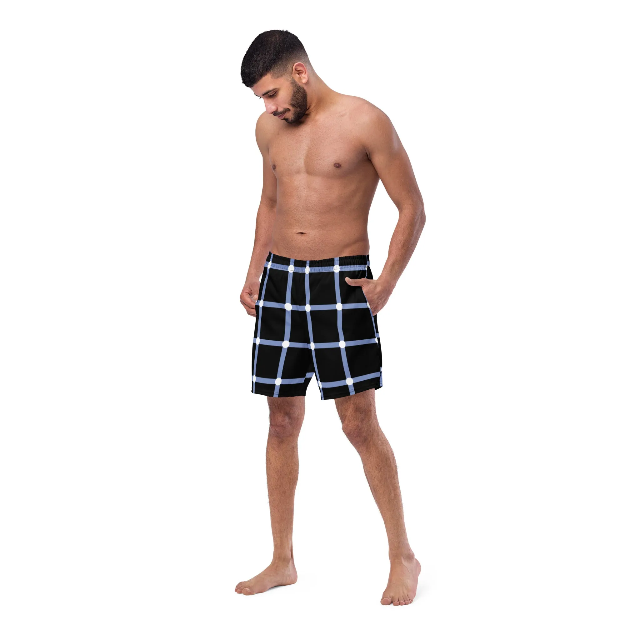 Black White Men's Swimwear, Tartan Plaid Scottish Style Print Cute Quick Drying Comfortable Swim Trunks For Men - Made in USA/EU/MX