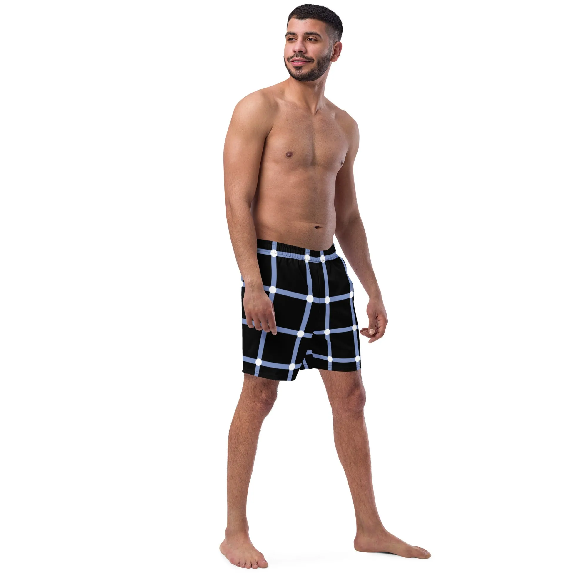 Black White Men's Swimwear, Tartan Plaid Scottish Style Print Cute Quick Drying Comfortable Swim Trunks For Men - Made in USA/EU/MX