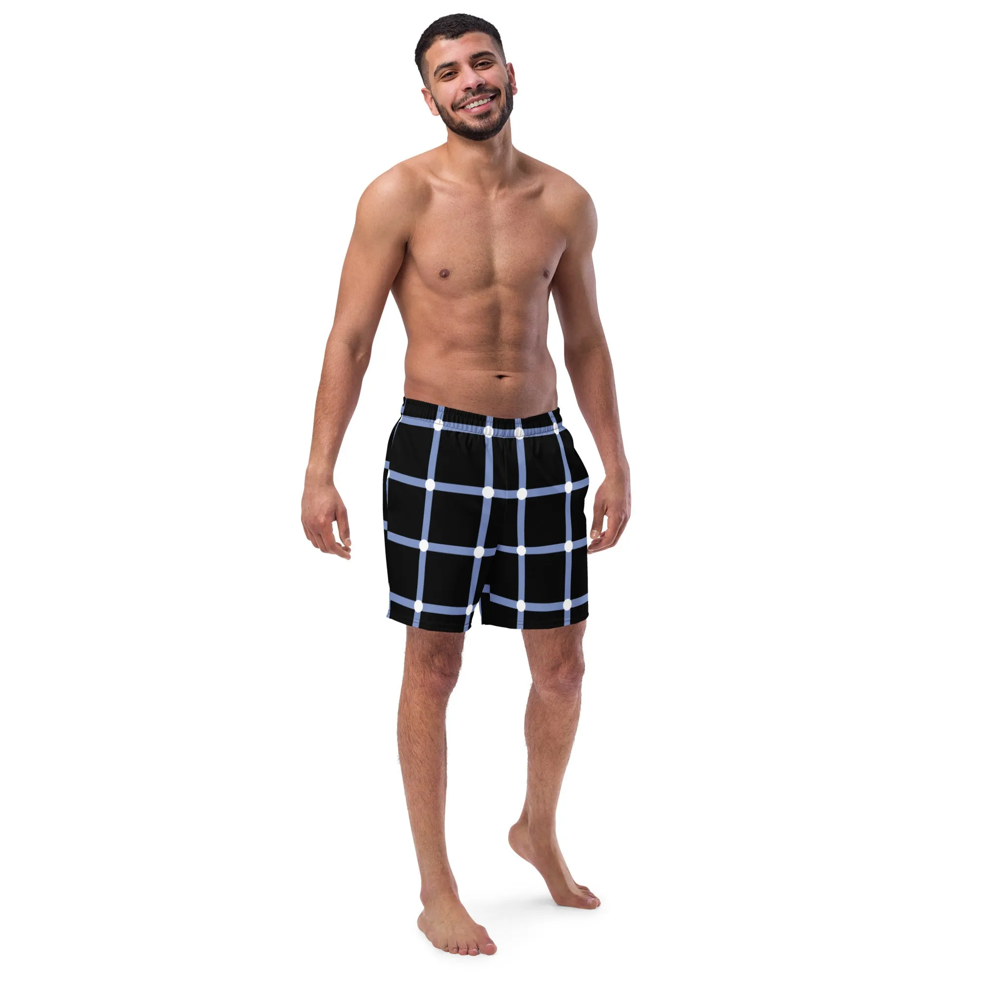 Black White Men's Swimwear, Tartan Plaid Scottish Style Print Cute Quick Drying Comfortable Swim Trunks For Men - Made in USA/EU/MX