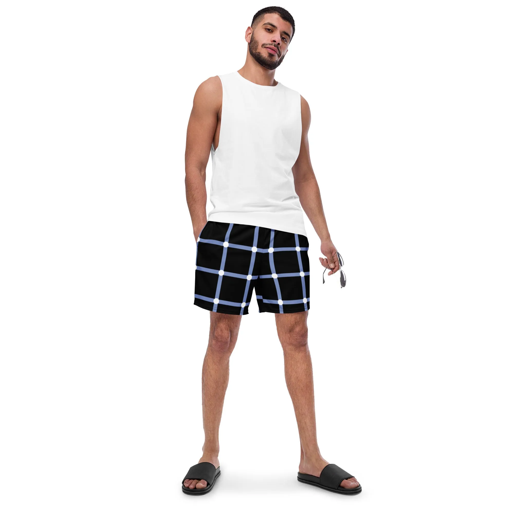 Black White Men's Swimwear, Tartan Plaid Scottish Style Print Cute Quick Drying Comfortable Swim Trunks For Men - Made in USA/EU/MX