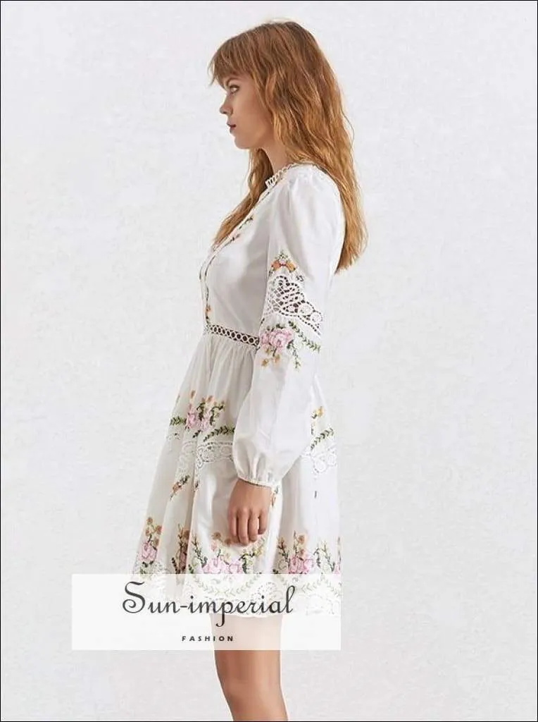 Boulder Dress - Elegant Embroidery Women Dress Stand Collar Long Sleeve High Waist Lace Slim