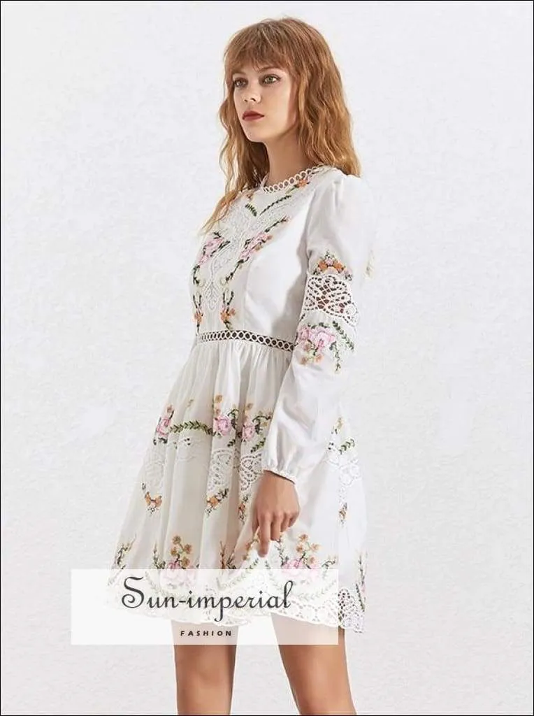 Boulder Dress - Elegant Embroidery Women Dress Stand Collar Long Sleeve High Waist Lace Slim