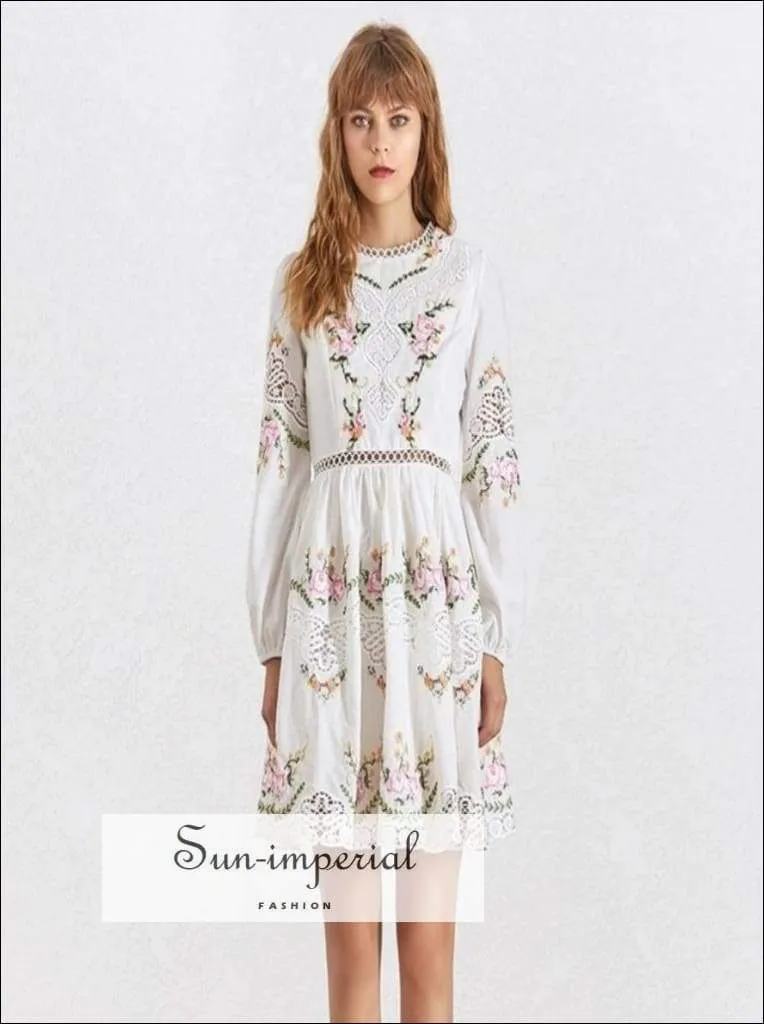 Boulder Dress - Elegant Embroidery Women Dress Stand Collar Long Sleeve High Waist Lace Slim