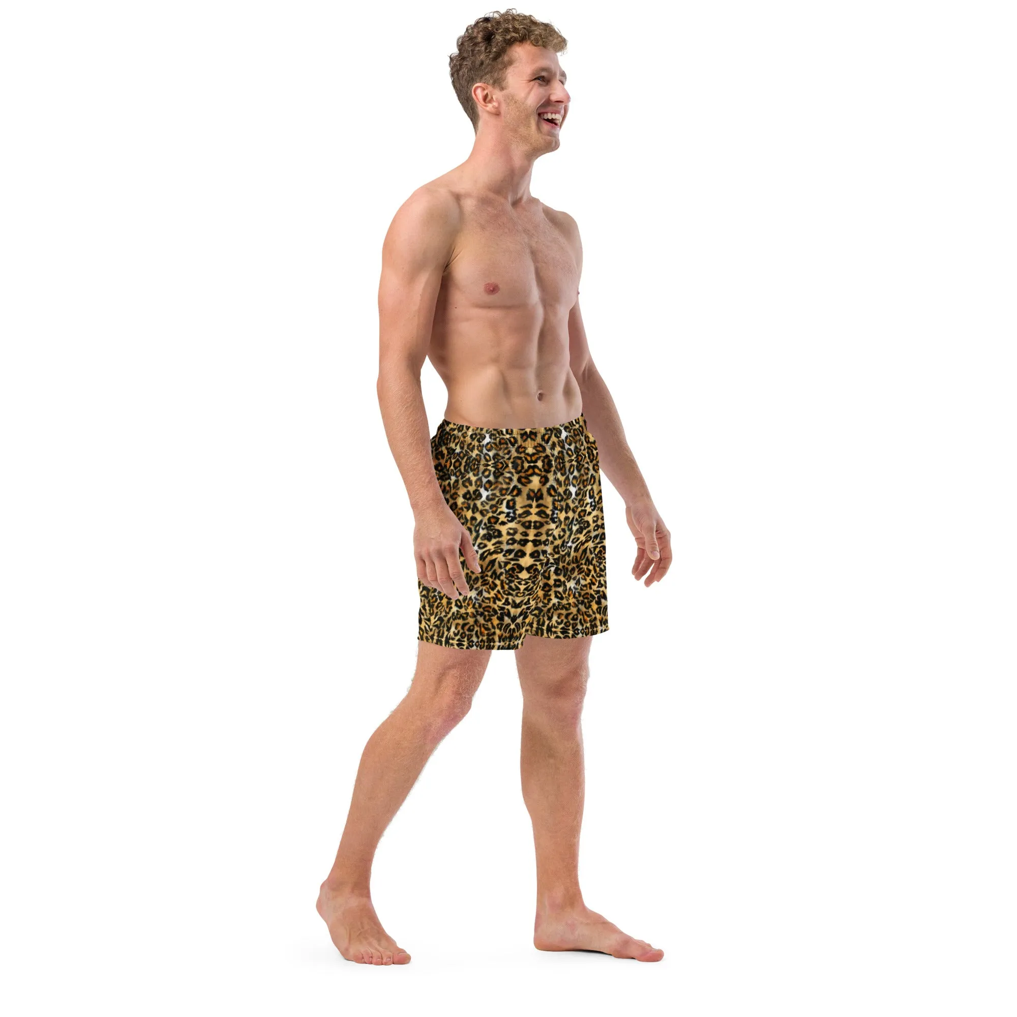 Brown Leopard Men's Swim Trunks, Leopard Animal Print Cute Quick Drying Comfortable Swim Trunks For Men - Made in USA/EU/MX