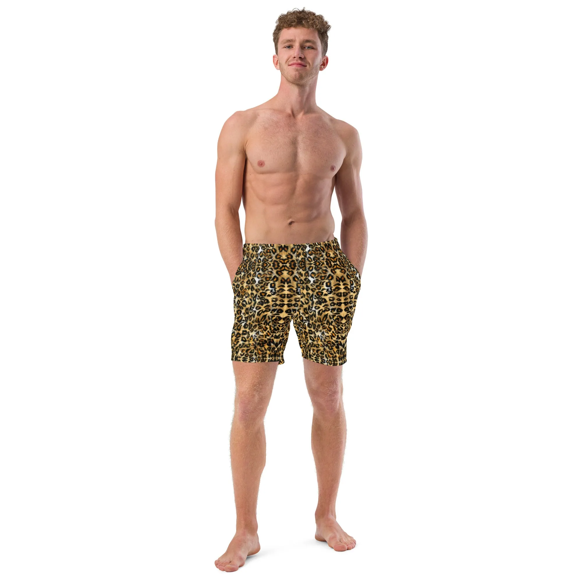 Brown Leopard Men's Swim Trunks, Leopard Animal Print Cute Quick Drying Comfortable Swim Trunks For Men - Made in USA/EU/MX