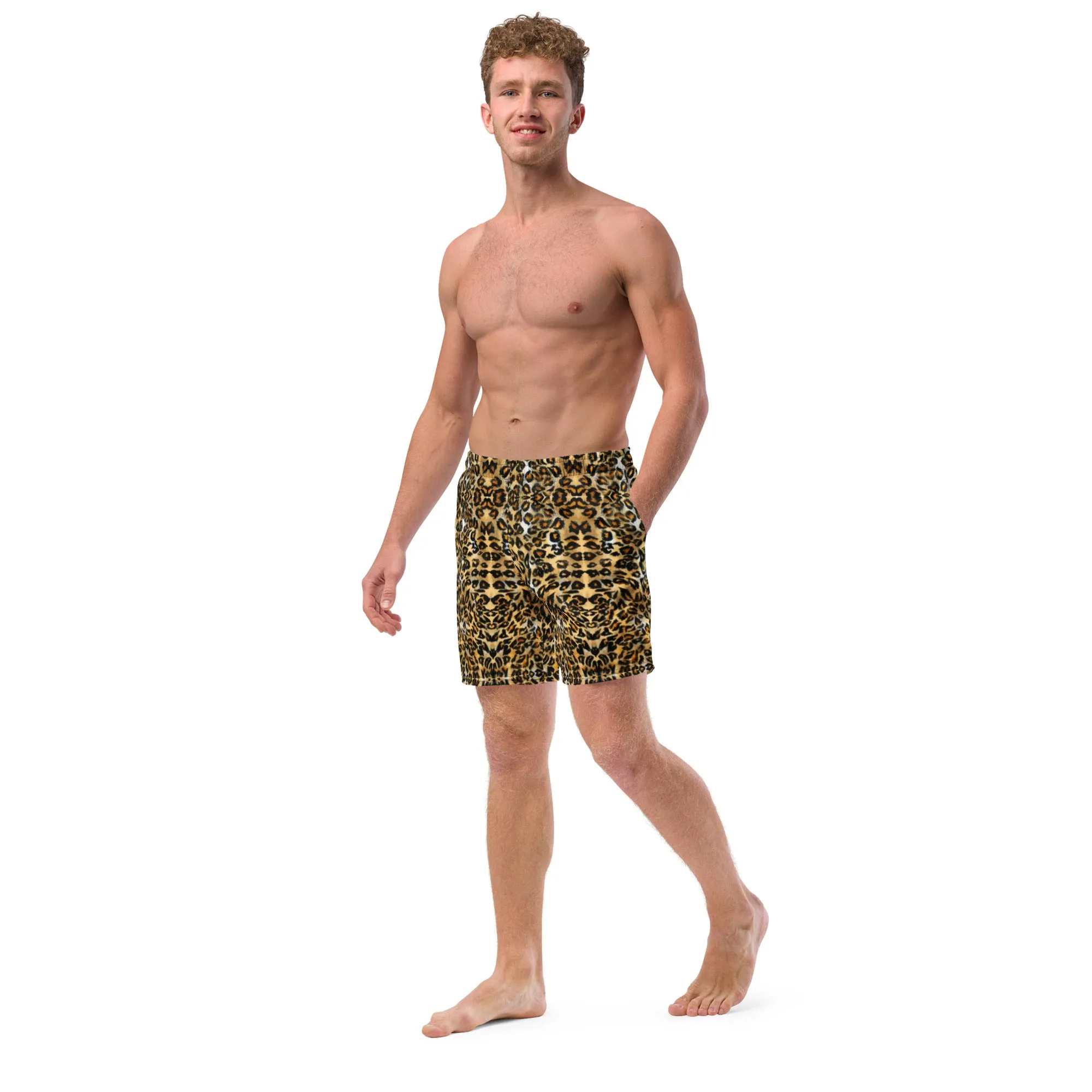 Brown Leopard Men's Swim Trunks, Leopard Animal Print Cute Quick Drying Comfortable Swim Trunks For Men - Made in USA/EU/MX