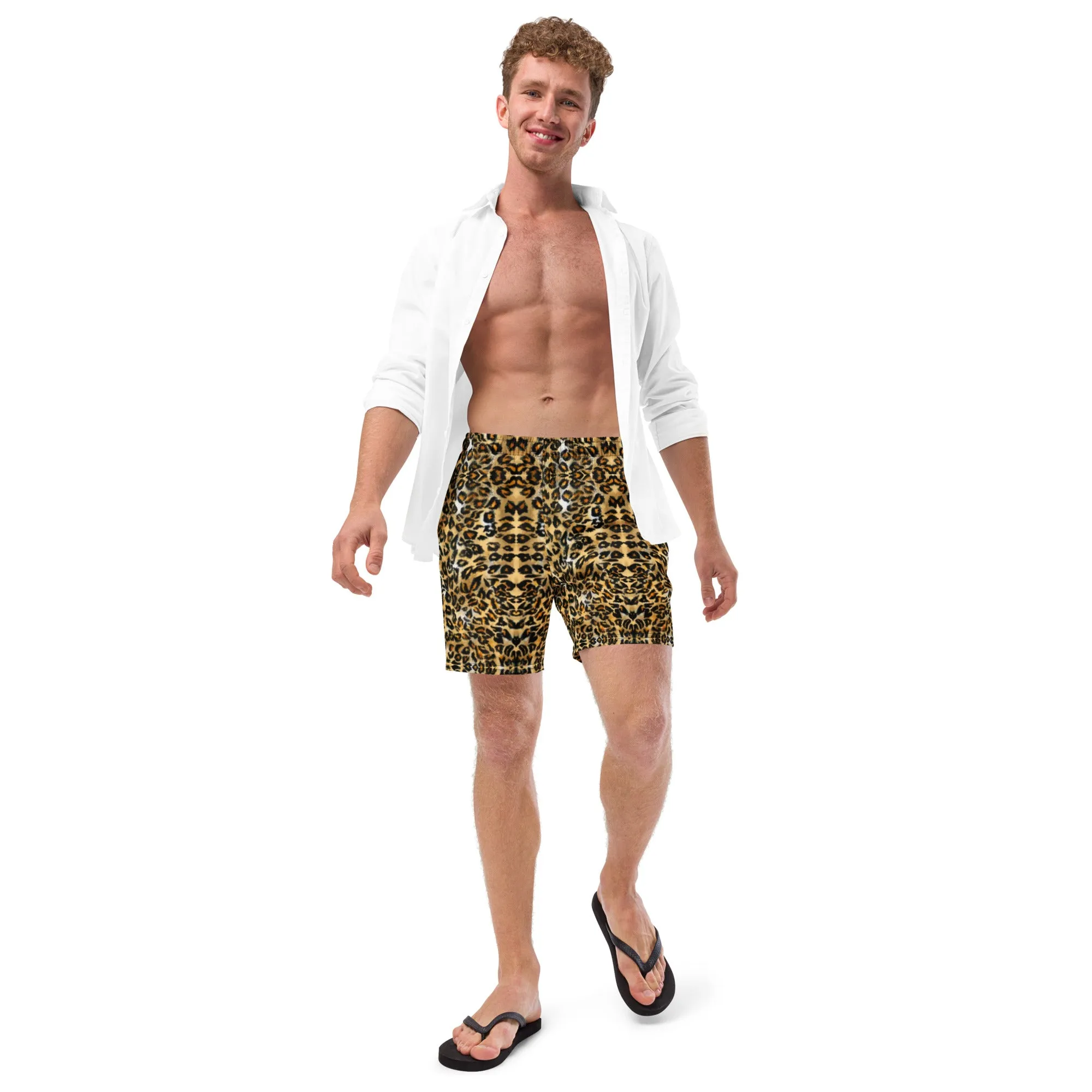 Brown Leopard Men's Swim Trunks, Leopard Animal Print Cute Quick Drying Comfortable Swim Trunks For Men - Made in USA/EU/MX