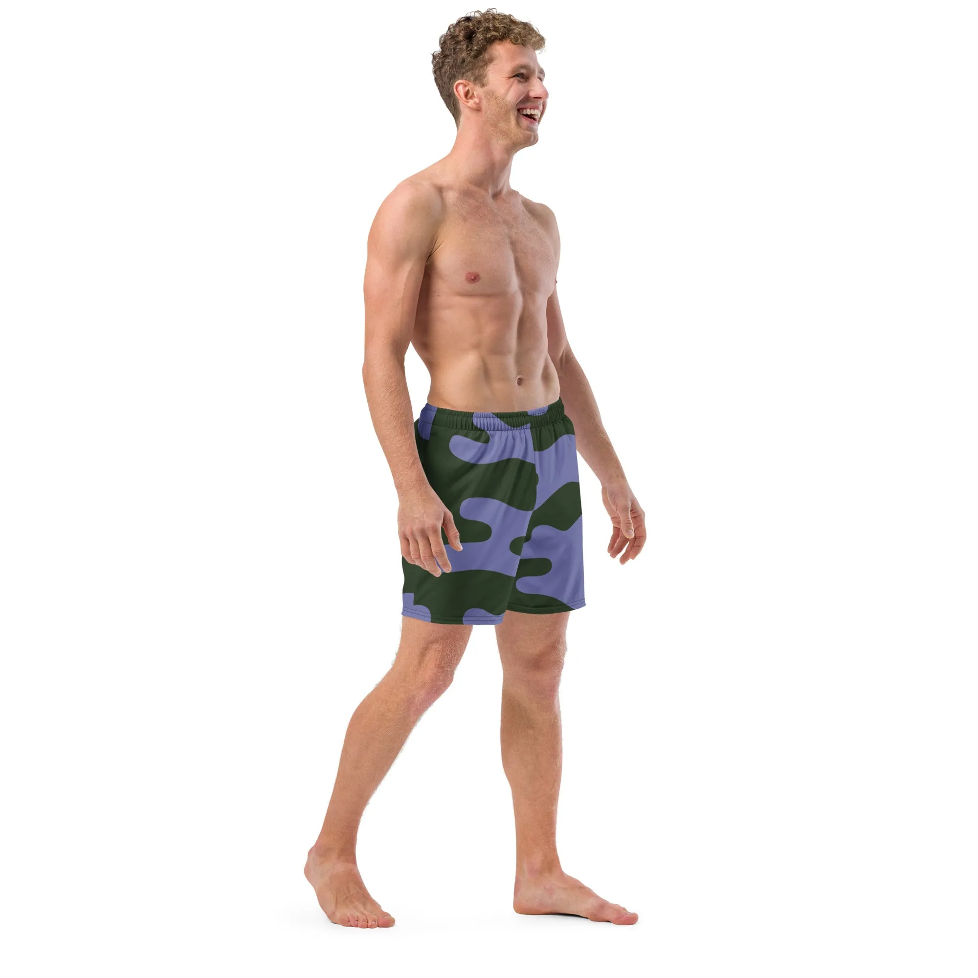 Camo Print Men's Swim Trunks, Purple Army Military Camouflaged Print Cute Quick Drying Comfortable Swim Trunks For Men - Made in USA/EU/MX