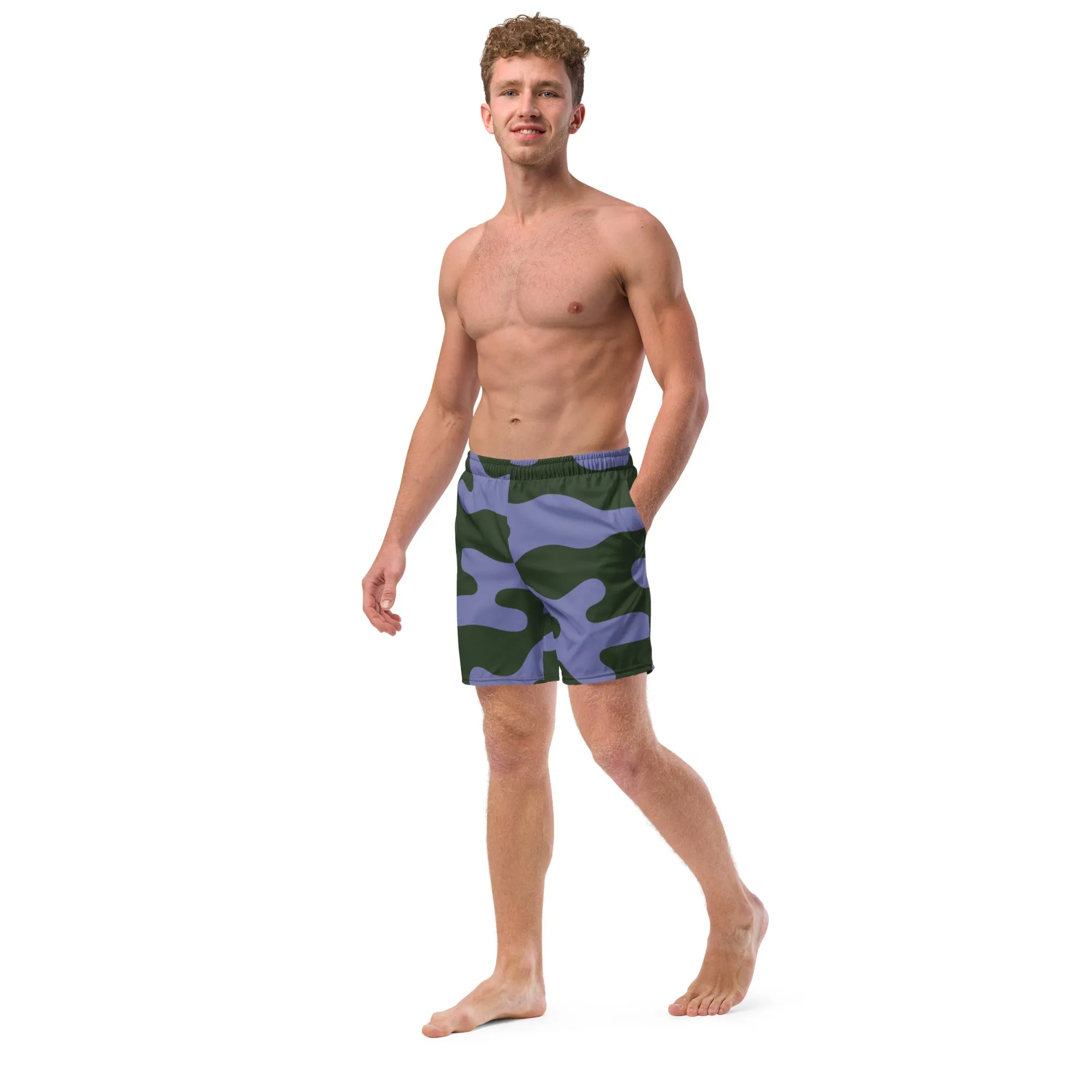 Camo Print Men's Swim Trunks, Purple Army Military Camouflaged Print Cute Quick Drying Comfortable Swim Trunks For Men - Made in USA/EU/MX