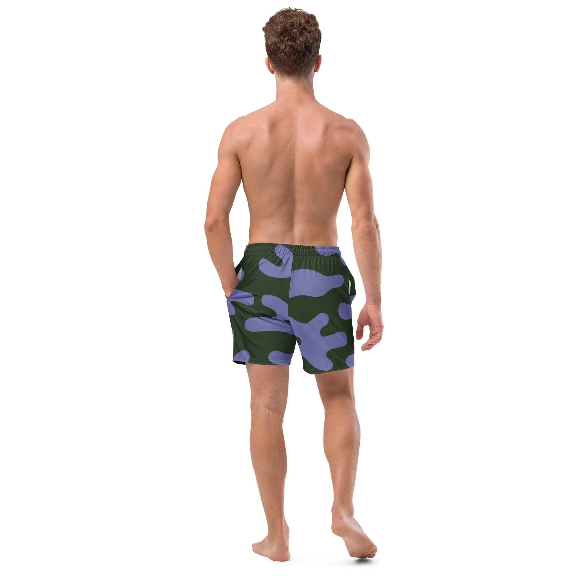 Camo Print Men's Swim Trunks, Purple Army Military Camouflaged Print Cute Quick Drying Comfortable Swim Trunks For Men - Made in USA/EU/MX