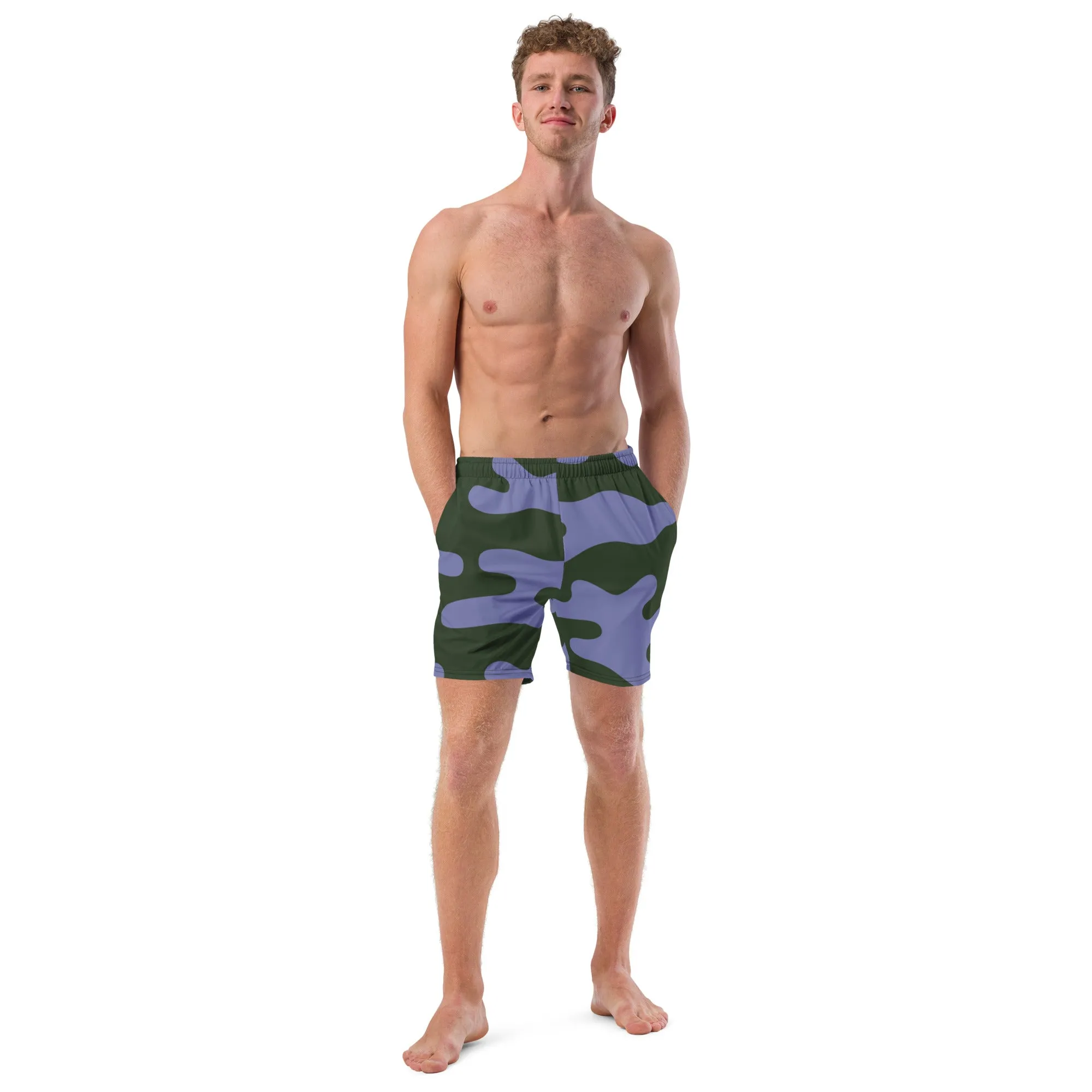 Camo Print Men's Swim Trunks, Purple Army Military Camouflaged Print Cute Quick Drying Comfortable Swim Trunks For Men - Made in USA/EU/MX