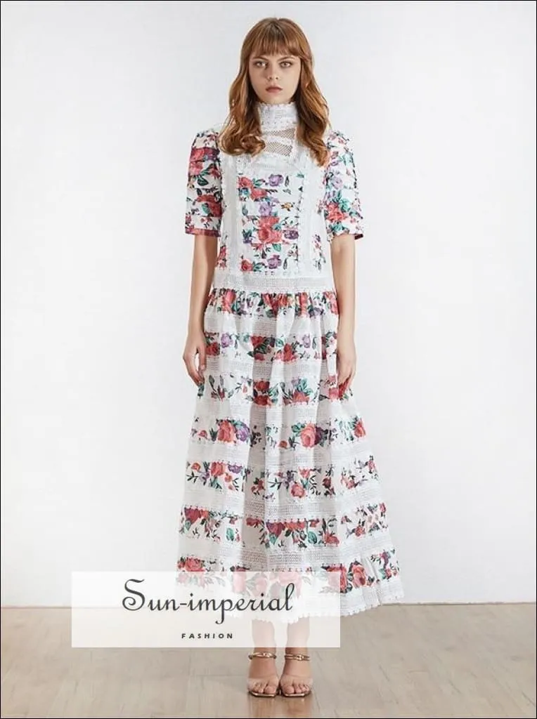 Cannes Dress -print Vintage Women Dress Stand Half Sleeve High Waist Lace Patchwork Midi Dress