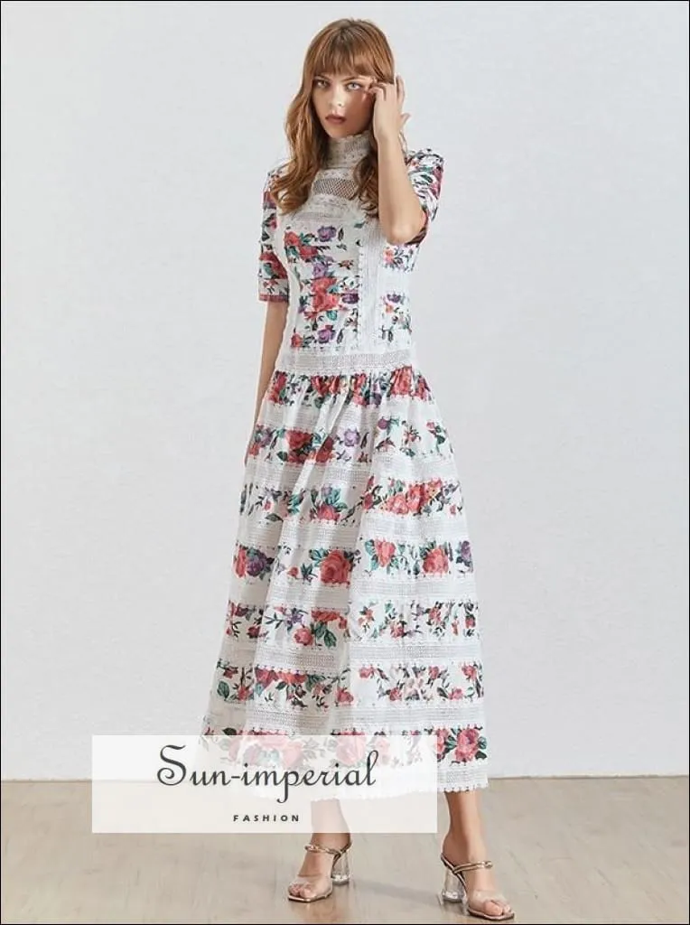 Cannes Dress -print Vintage Women Dress Stand Half Sleeve High Waist Lace Patchwork Midi Dress