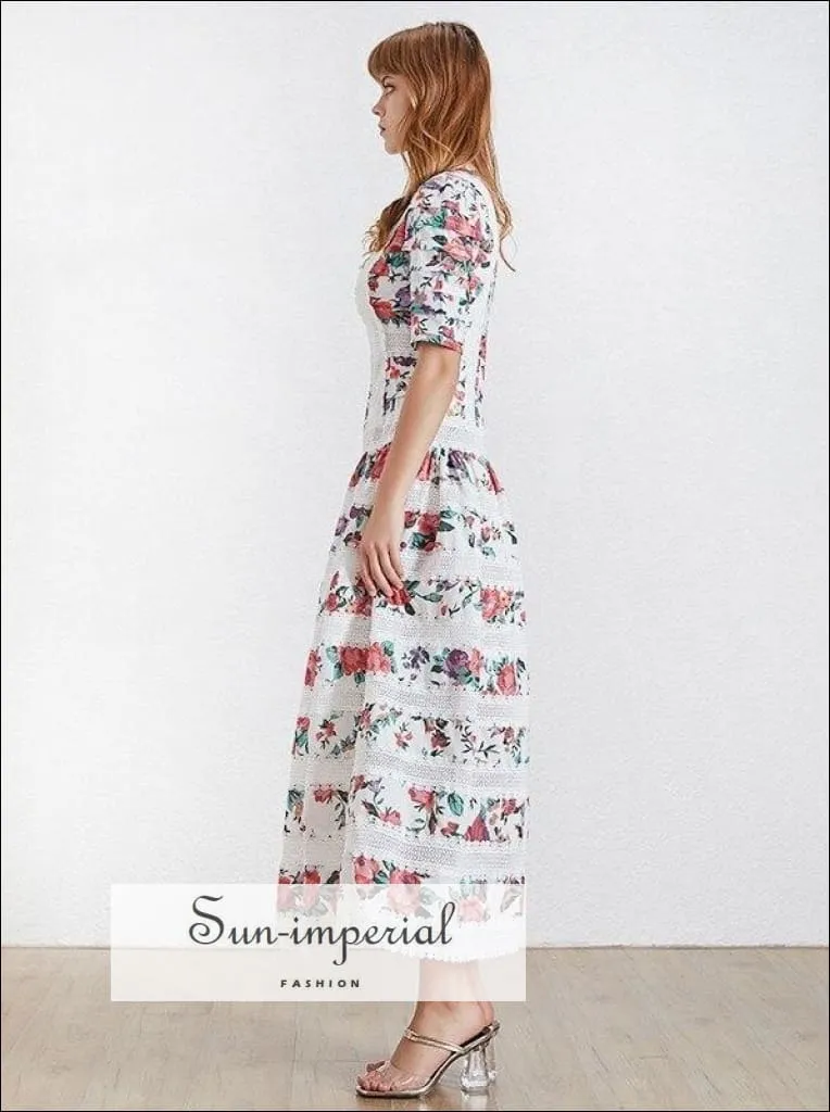 Cannes Dress -print Vintage Women Dress Stand Half Sleeve High Waist Lace Patchwork Midi Dress