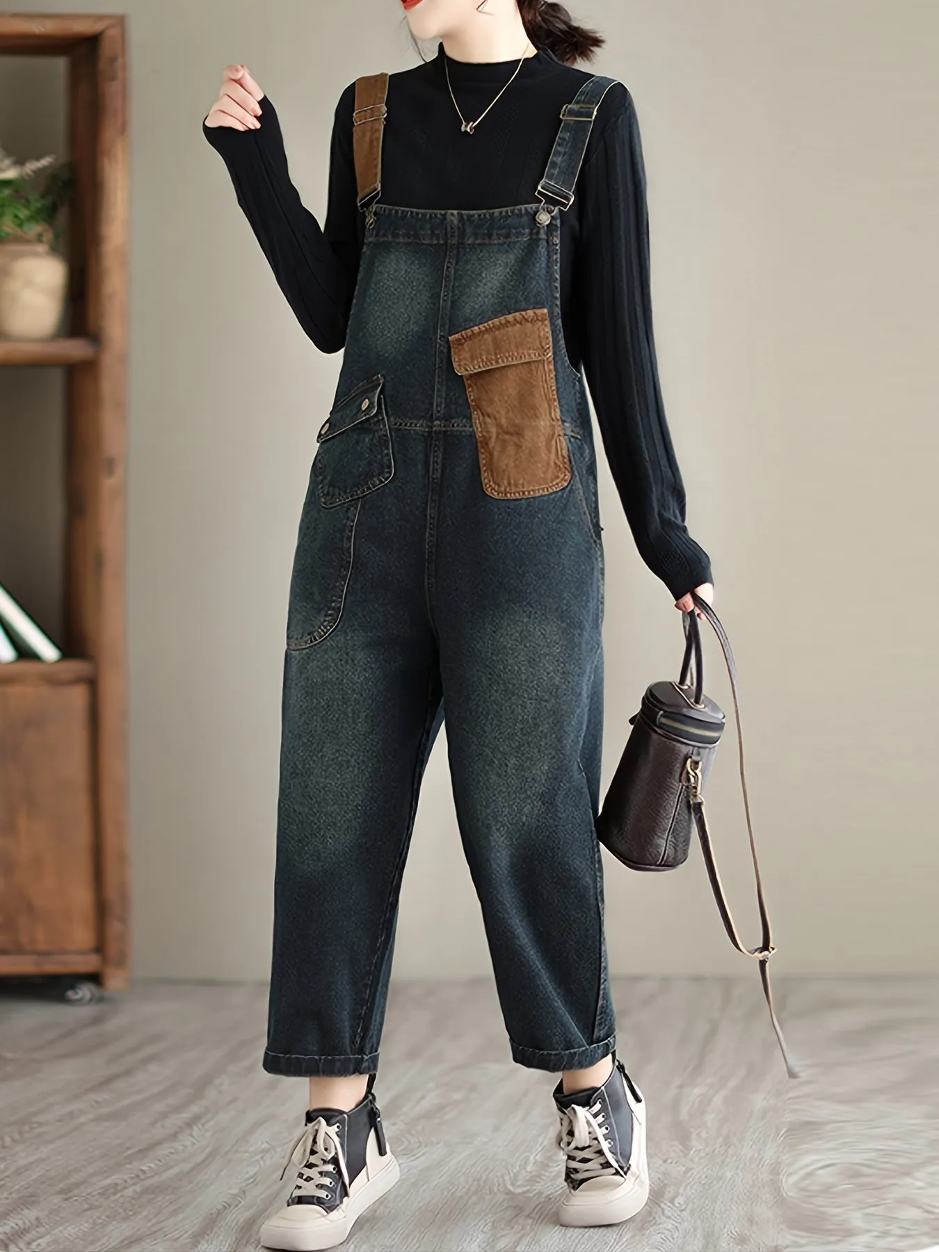 Color Block Patchwork Loose Fit Streetwear Retro Style Denim Overalls Dungarees, Women's Denim Jeans & Clothing