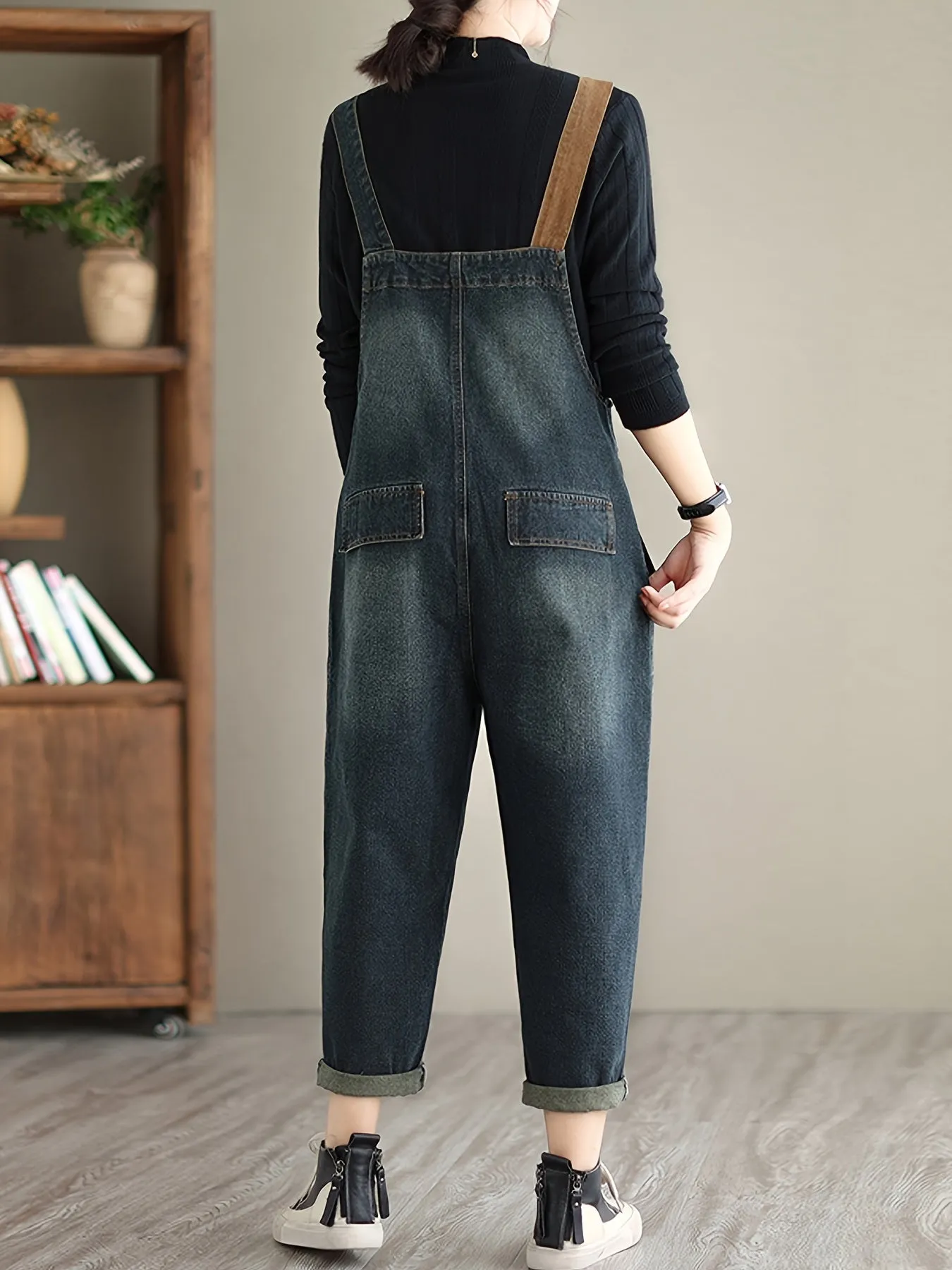 Color Block Patchwork Loose Fit Streetwear Retro Style Denim Overalls Dungarees, Women's Denim Jeans & Clothing