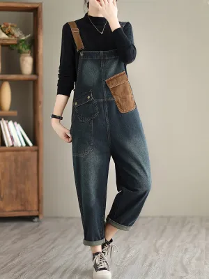 Color Block Patchwork Loose Fit Streetwear Retro Style Denim Overalls Dungarees, Women's Denim Jeans & Clothing