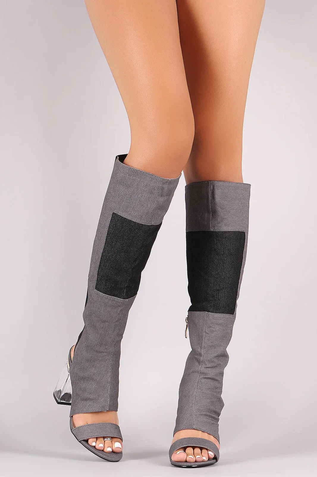 Denim Patchwork Chunky Lucite Heeled Cutout Knee High Boots