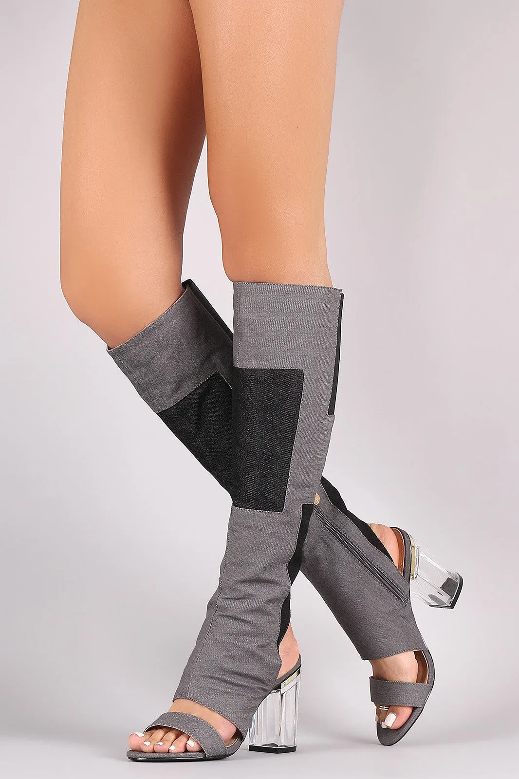 Denim Patchwork Chunky Lucite Heeled Cutout Knee High Boots