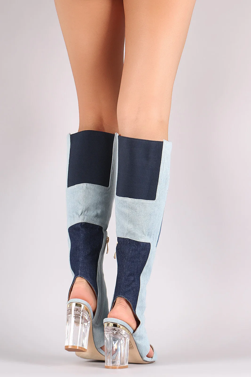 Denim Patchwork Chunky Lucite Heeled Cutout Knee High Boots