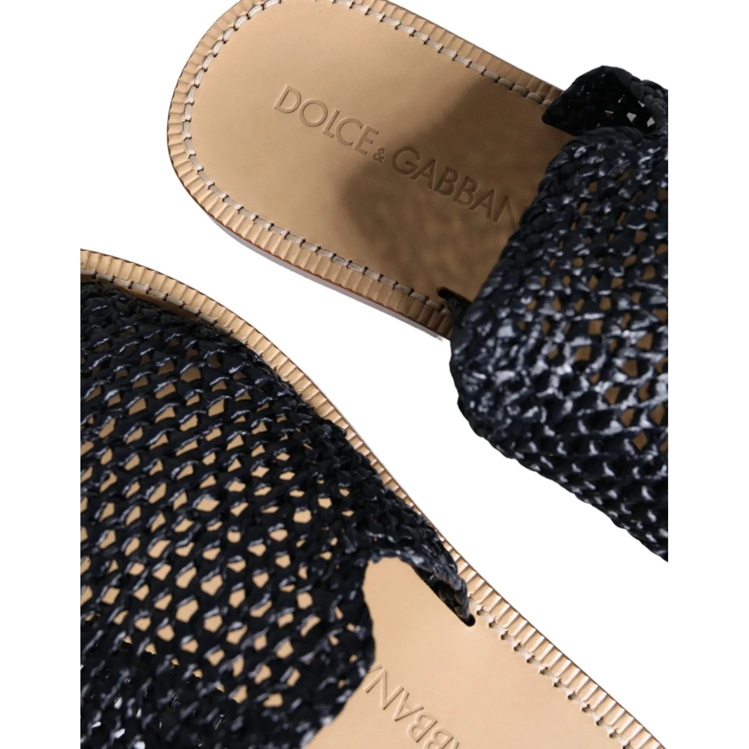 Dolce & Gabbana Black Monochrome Braided Raffia Slides Shoes